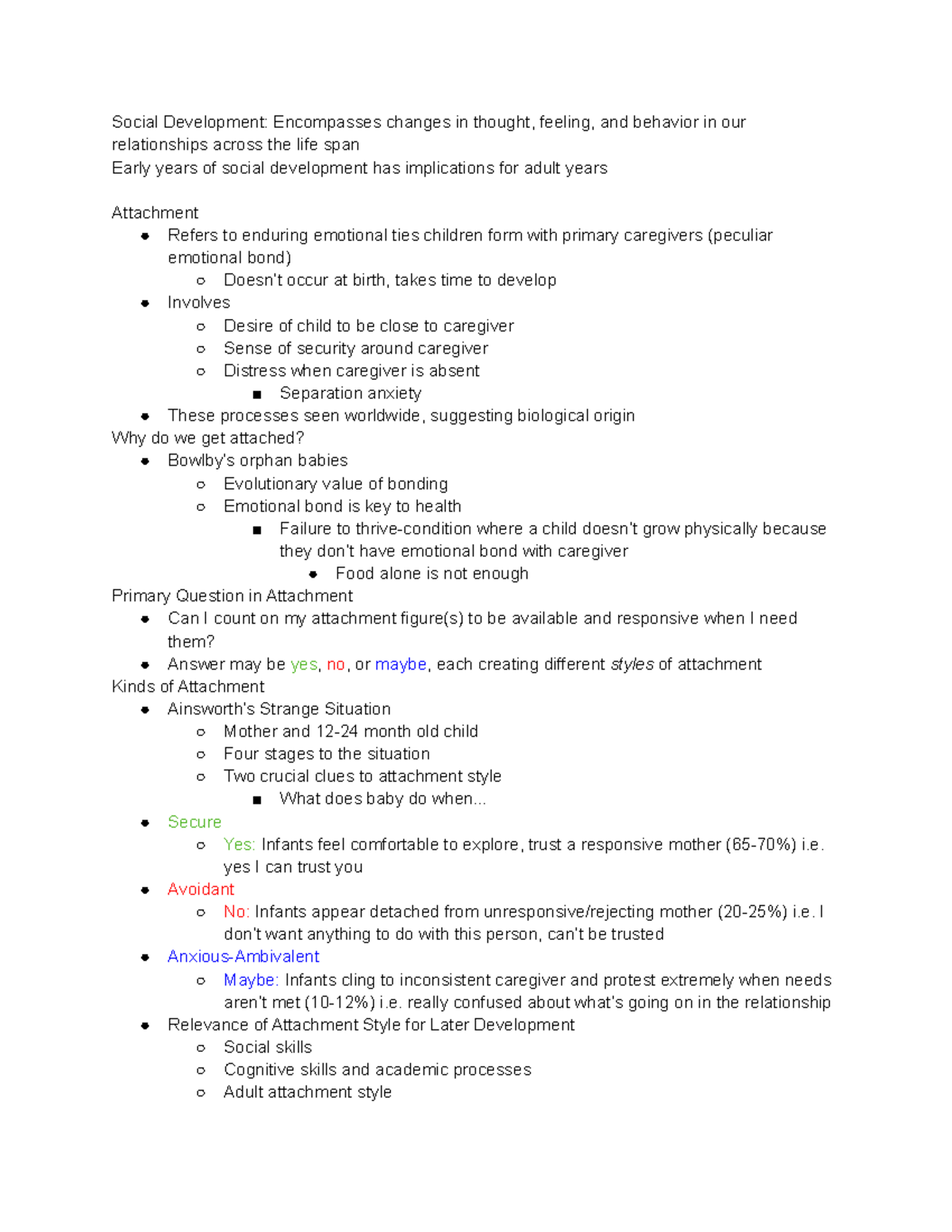 PSYC 101 Notes 10/03/19 - Social Development: Encompasses changes in ...