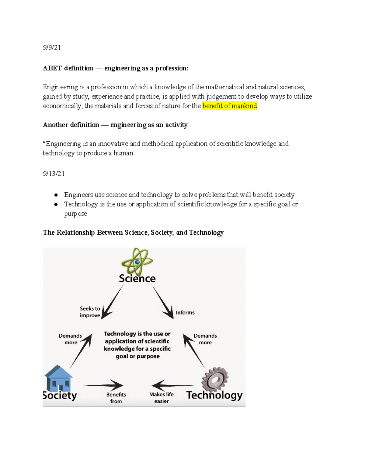 Cornerstone Week 1 Notes 9/9/ ABET definition — engineering as a