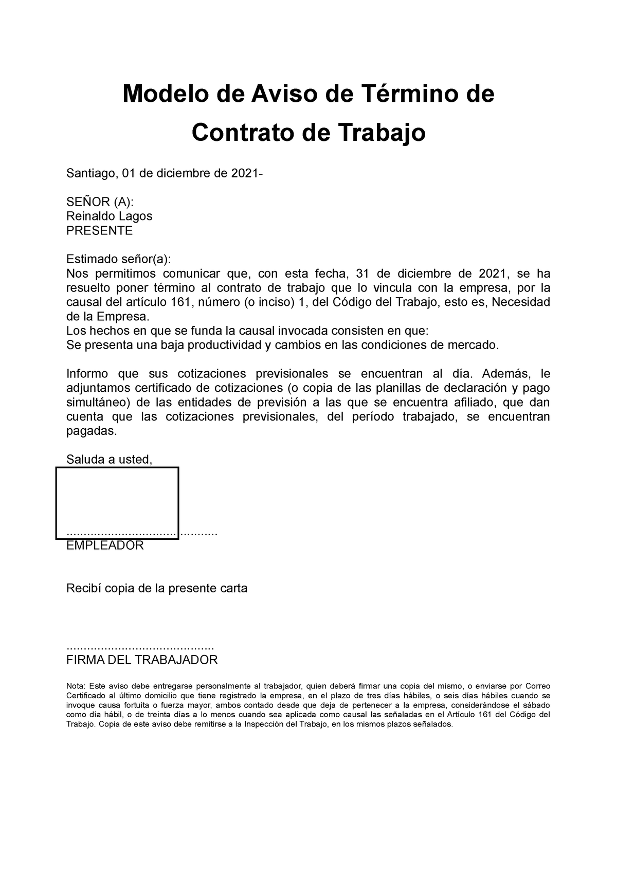 Aviso termino de contrato - Modelo de Aviso de Término de Contrato de  Trabajo Santiago, 01 de - Studocu