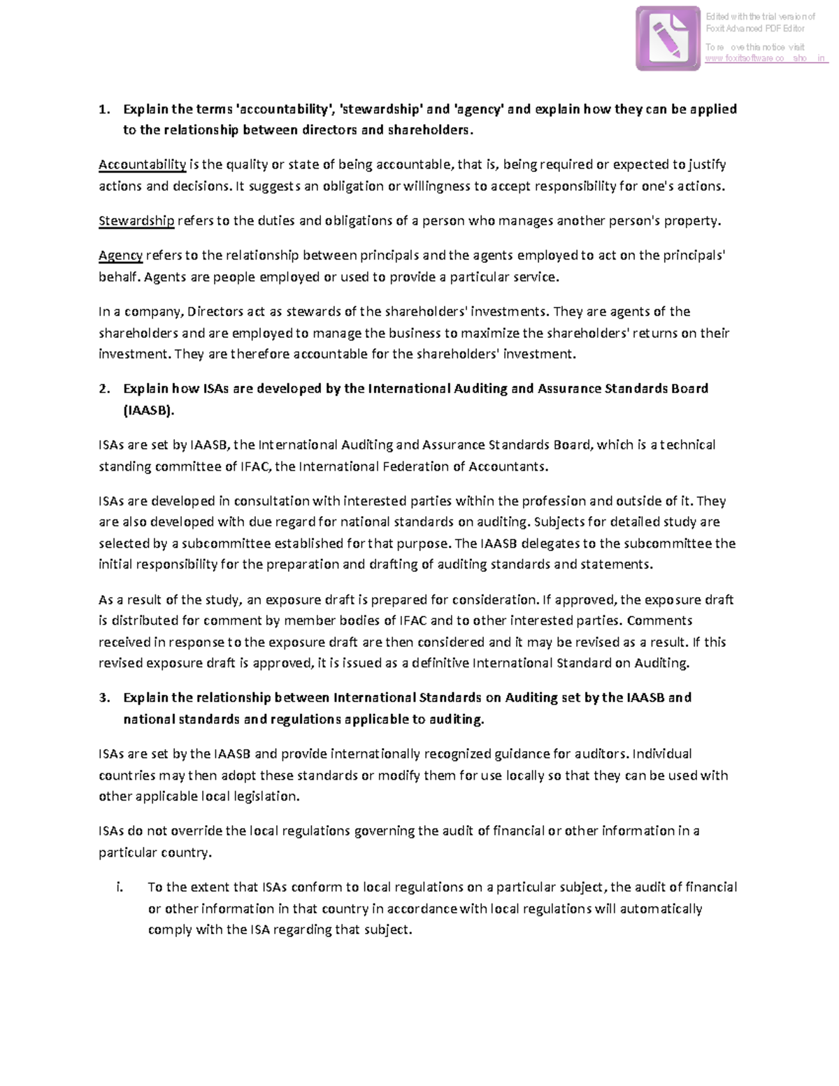 Auditing - Practice Question Bank 1 - Explain the terms 'accountability ...