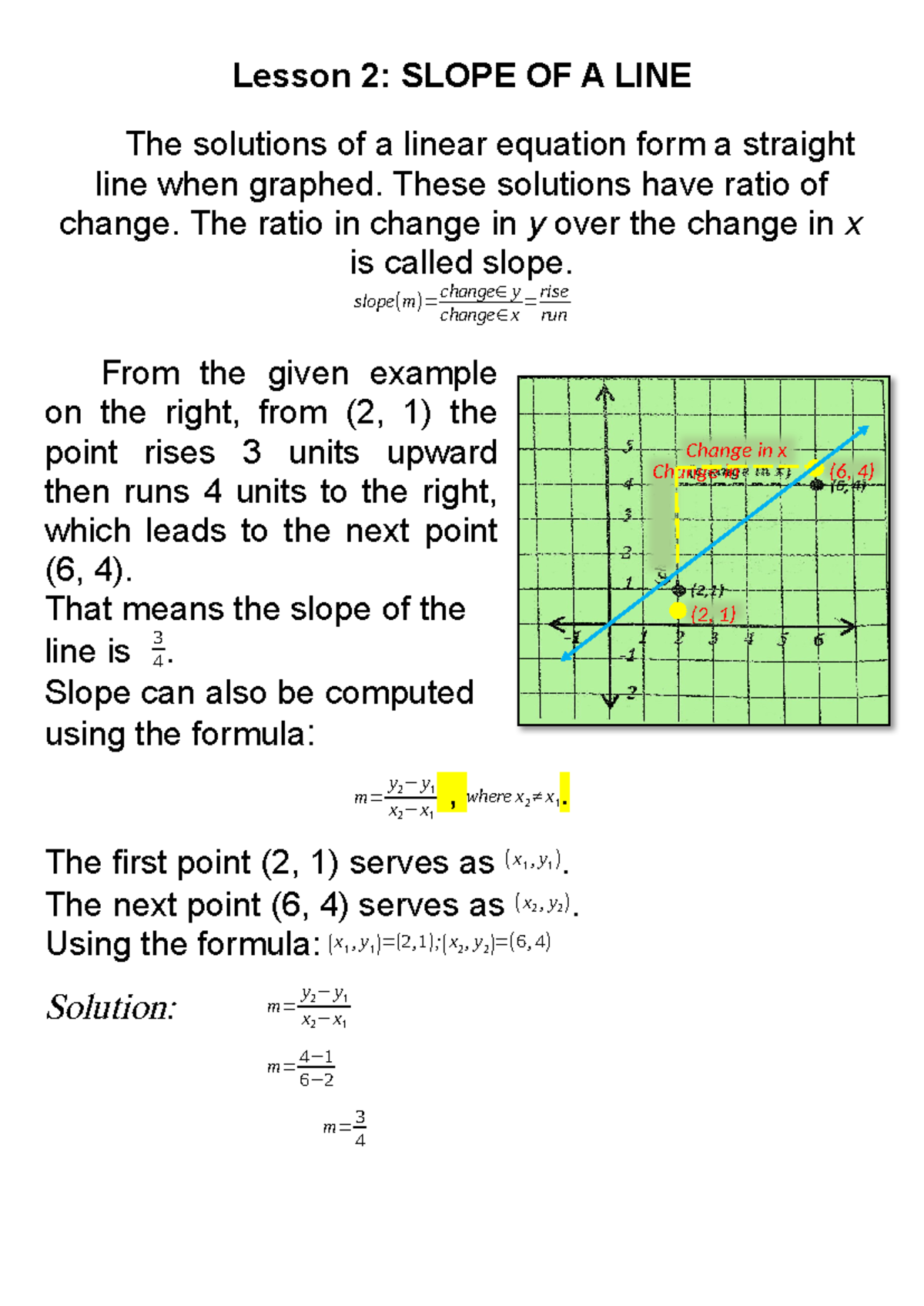 Slope OF A LINE lesson - Lesson 2: SLOPE OF A LINE The solutions of a ...