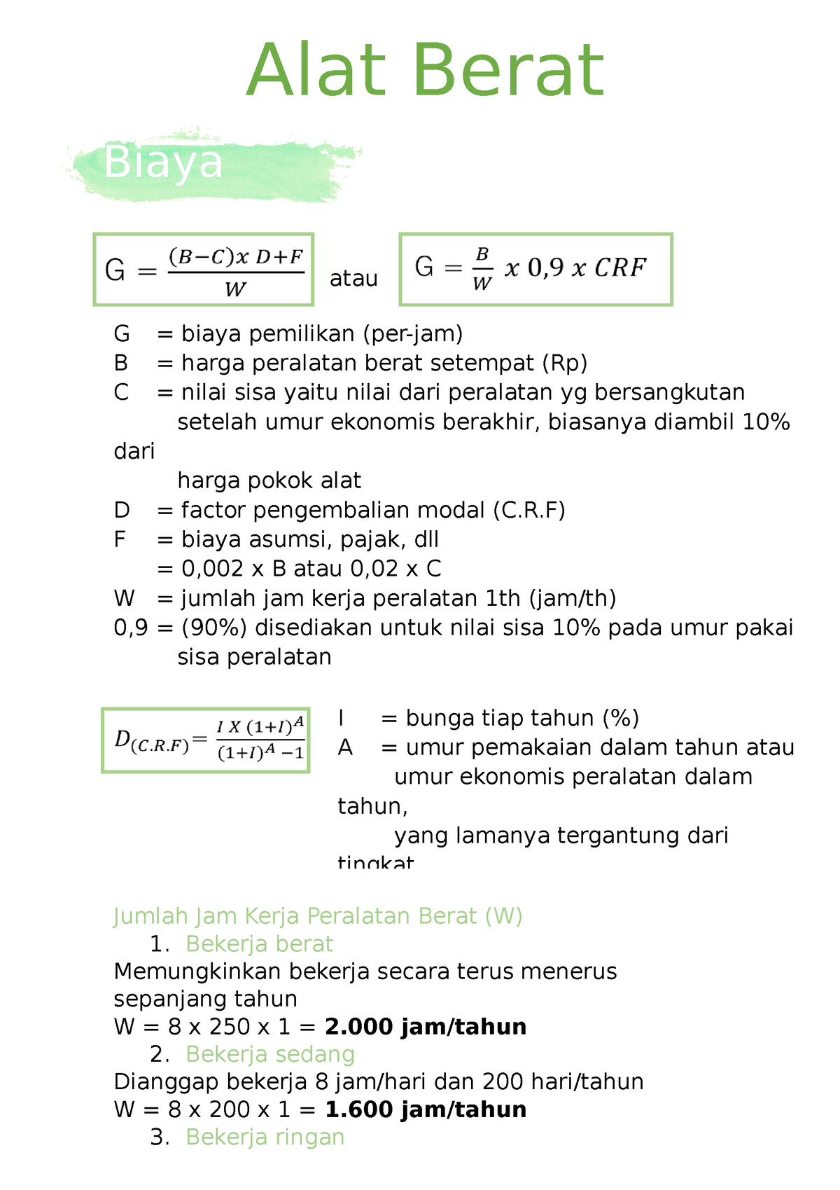 Materi Alat Berat - Alat Berat Atau G = Biaya Pemilikan (per-jam) B ...