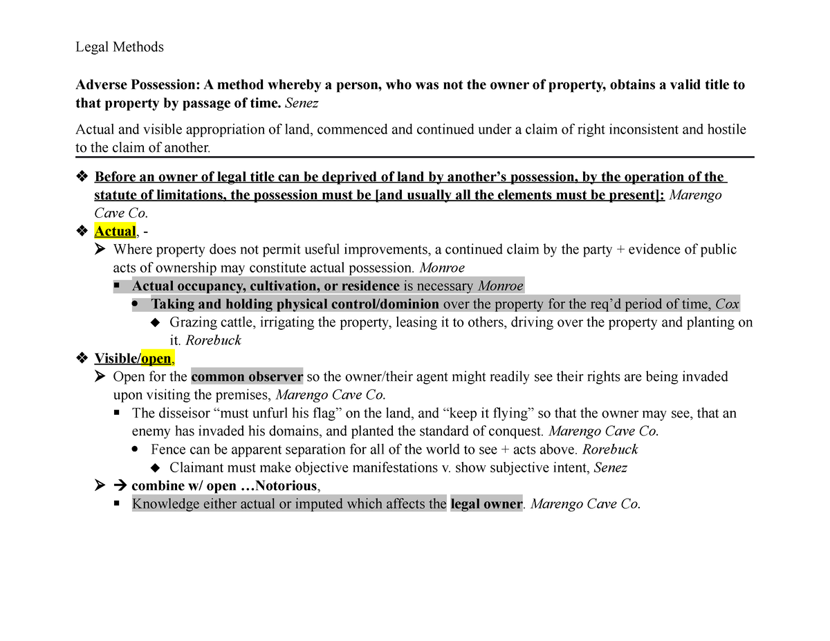 Adverse Possession And Prescriptive Easement Outline Legal Methods Adverse Possession A 3577