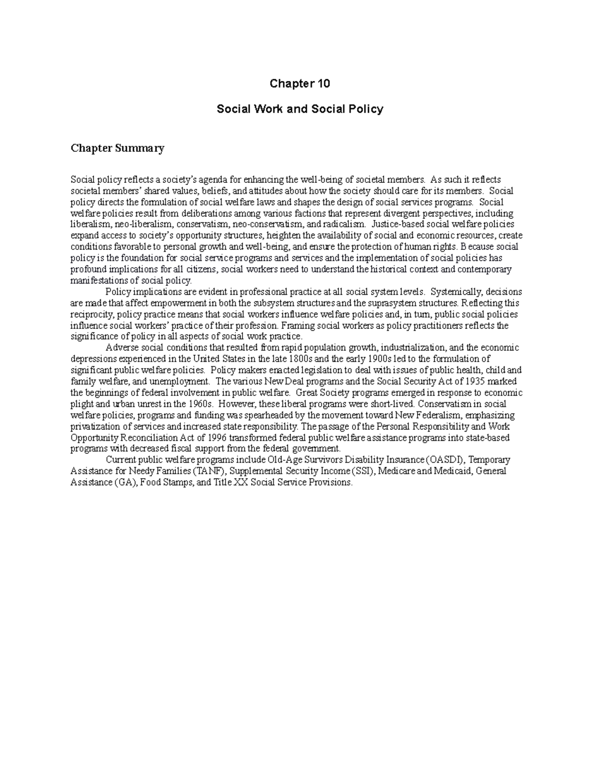 Chapter 10 summary Social Work Chapter 10 Social Work and Social