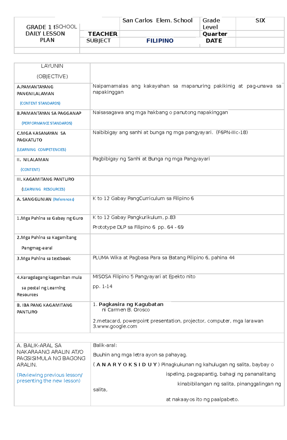 Cot 1 2020 Lesson Plan In Filipino 6 Docx Republic Of The Philippines Nbkomputer 2281