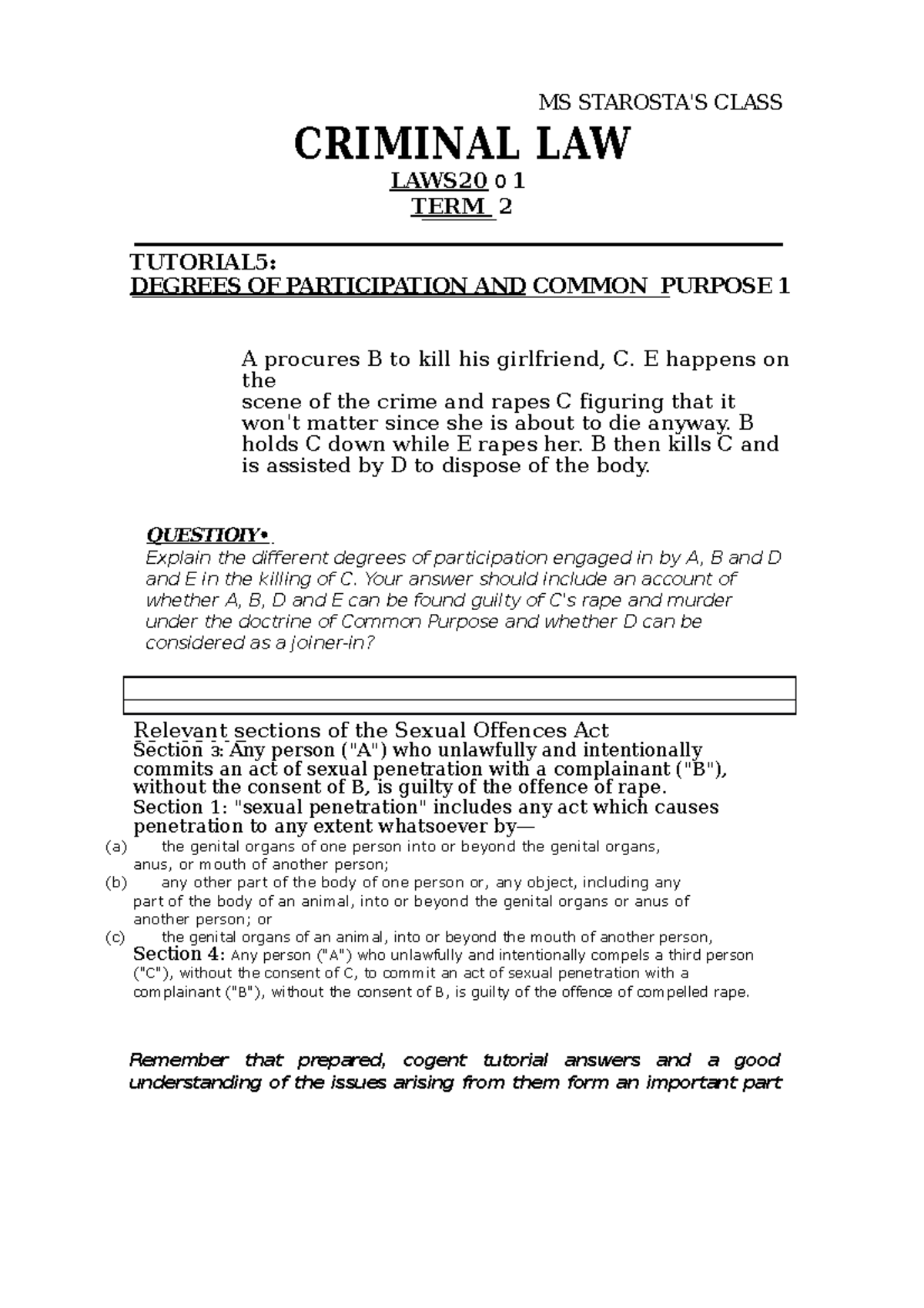 T2 Criminal Law Tut 4 Degrees of Participation & Common Purpose (Murder ...