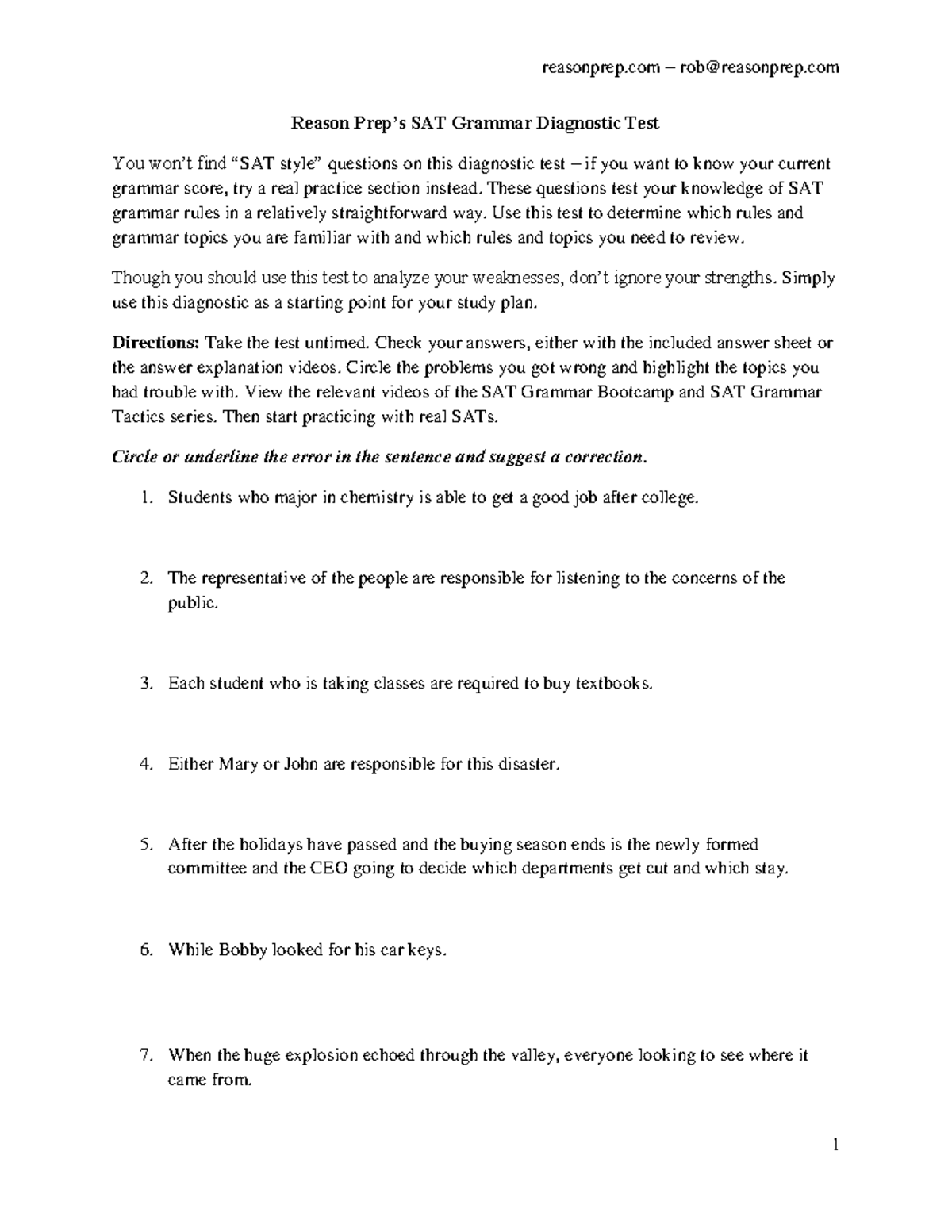 Grammar Diagnostic - ..... - Reason Prep’s SAT Grammar Diagnostic Test ...