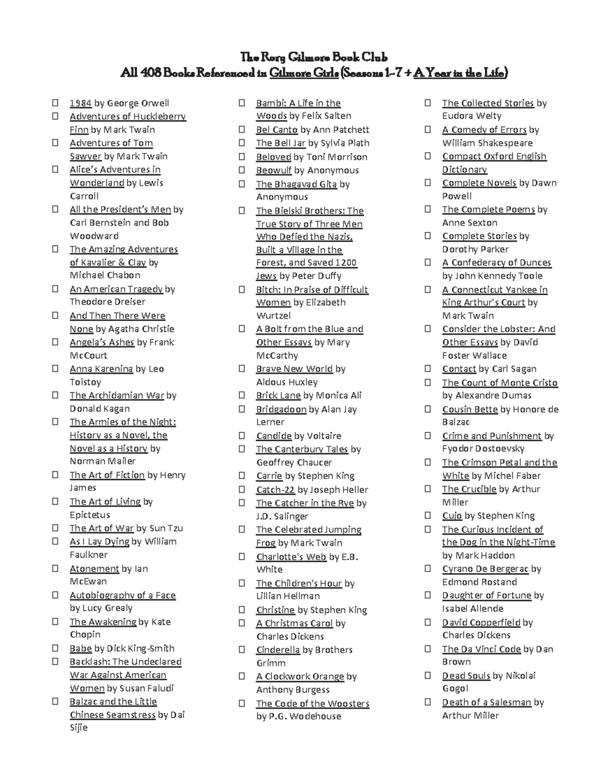 Rory Gilmore Book List Printable