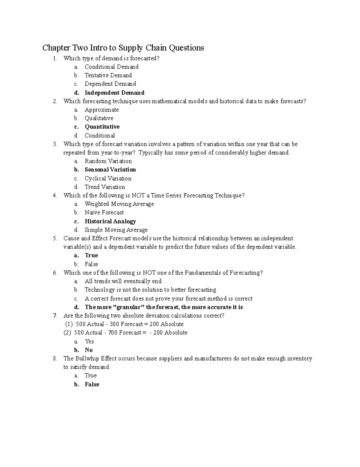 Chapter Two Intro to Supply Chain Questions Conditional Demand b