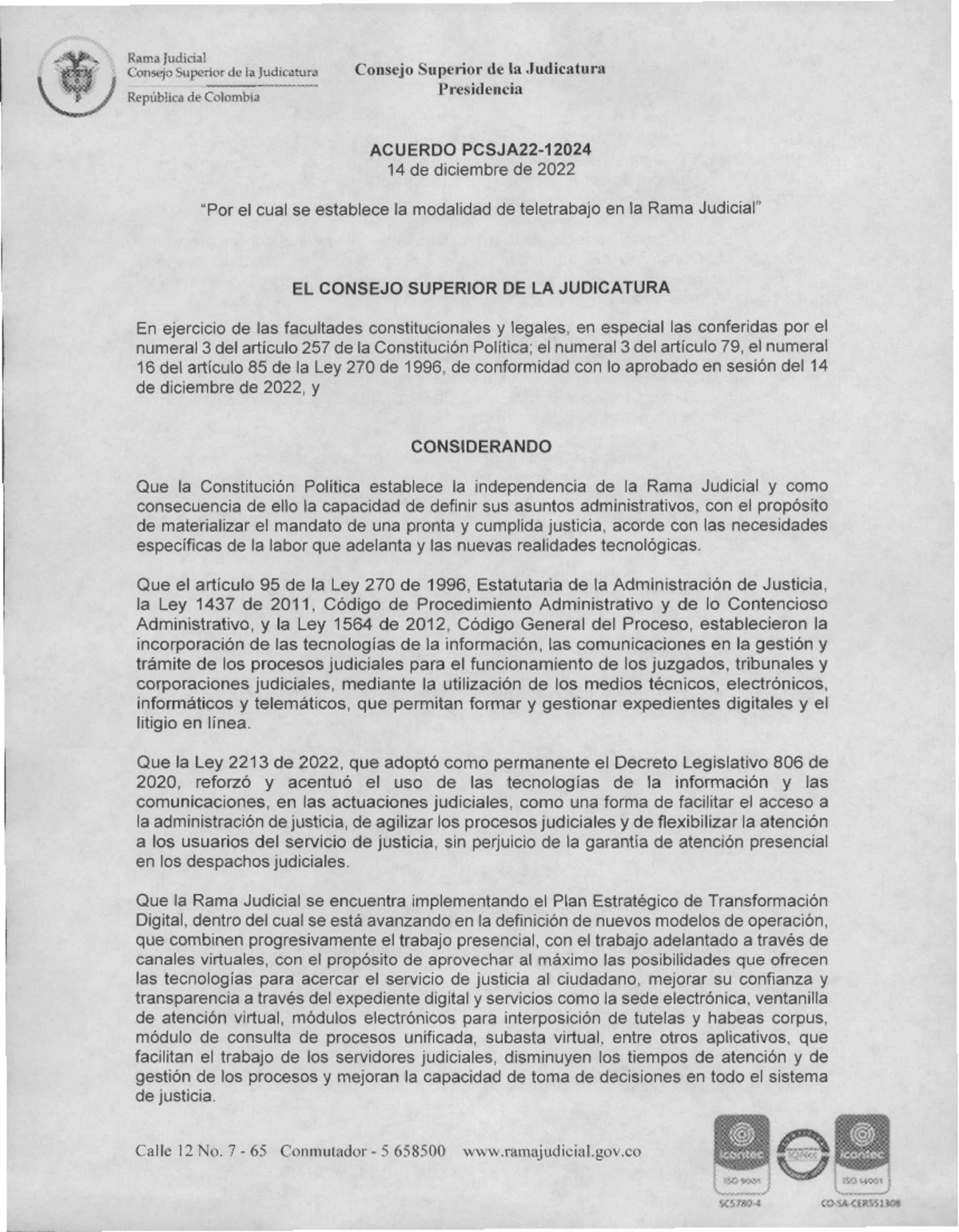 Acuerdo Pcsja 22-12024 Del 14 De Diciembre De 2022 (1) - RamaJudicial ...