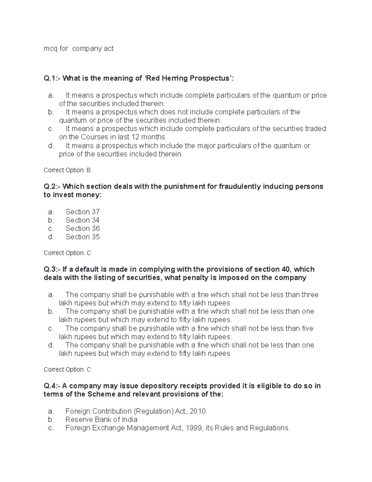 Mcq for company law Mcq mcq for company act Q What is the meaning of ‘Red Herring