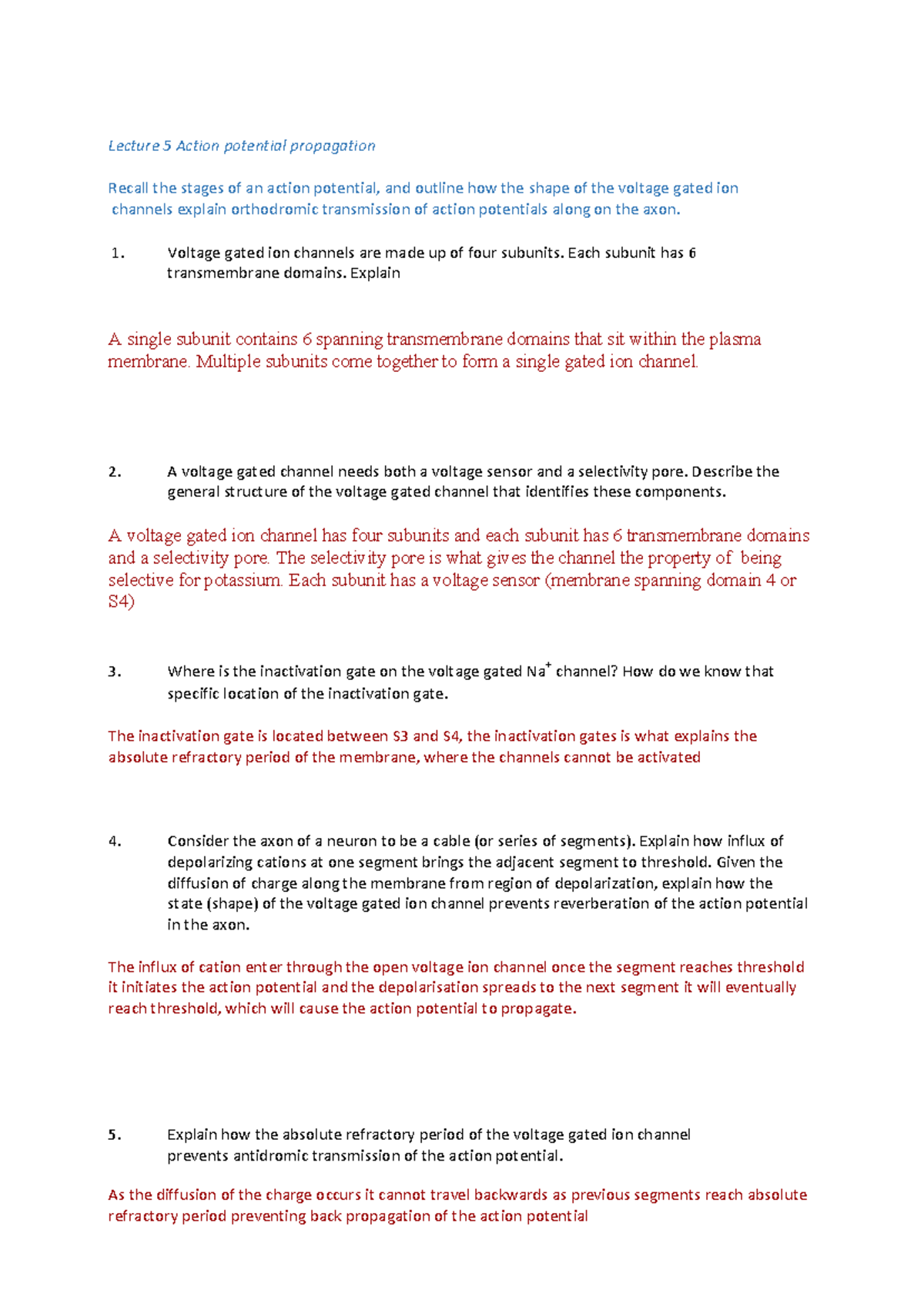 Active Learning Sheets - Lecture 5 Action potential propagation Recall ...