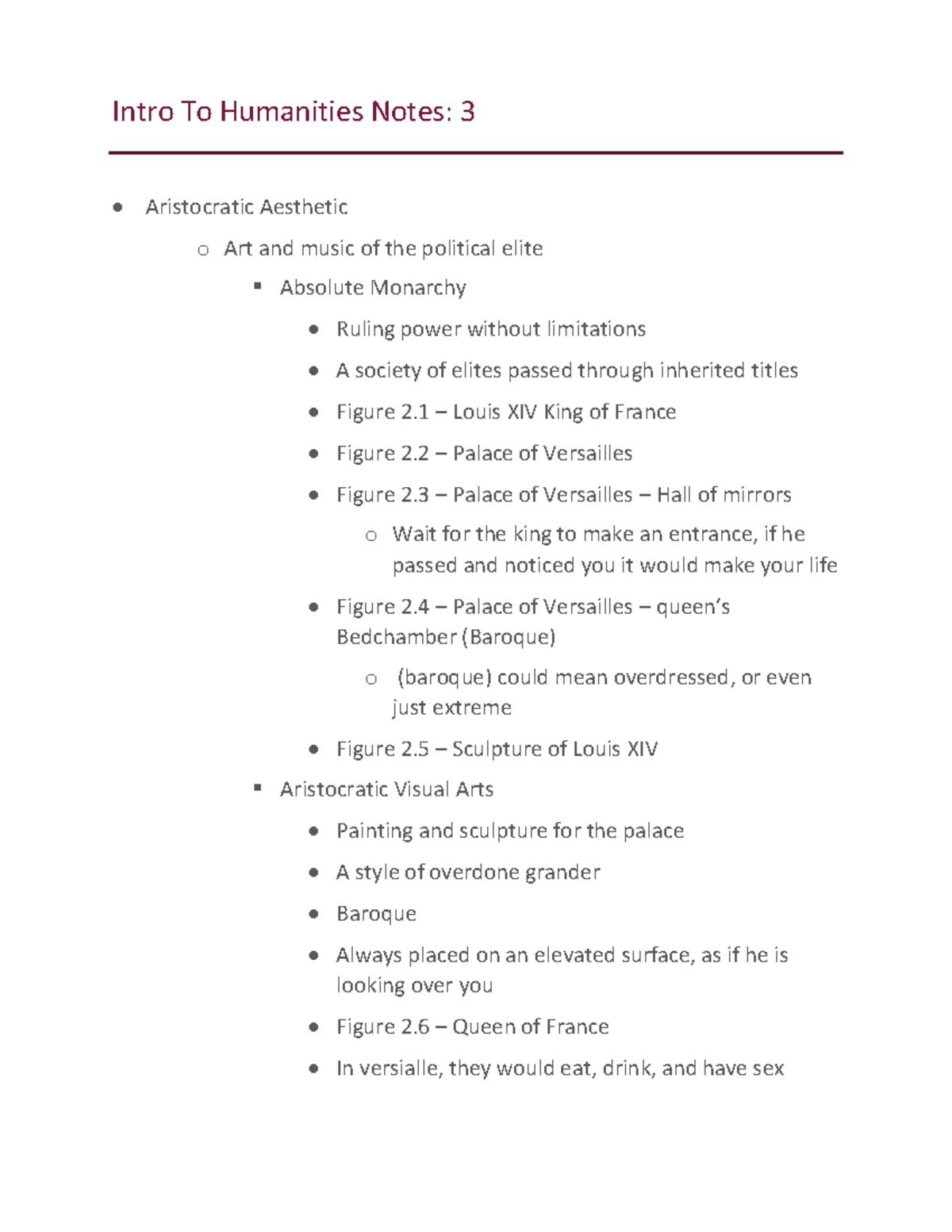 Intro To Humanities Pt 3 - Intro To Humanities Notes: 3 Aristocratic ...