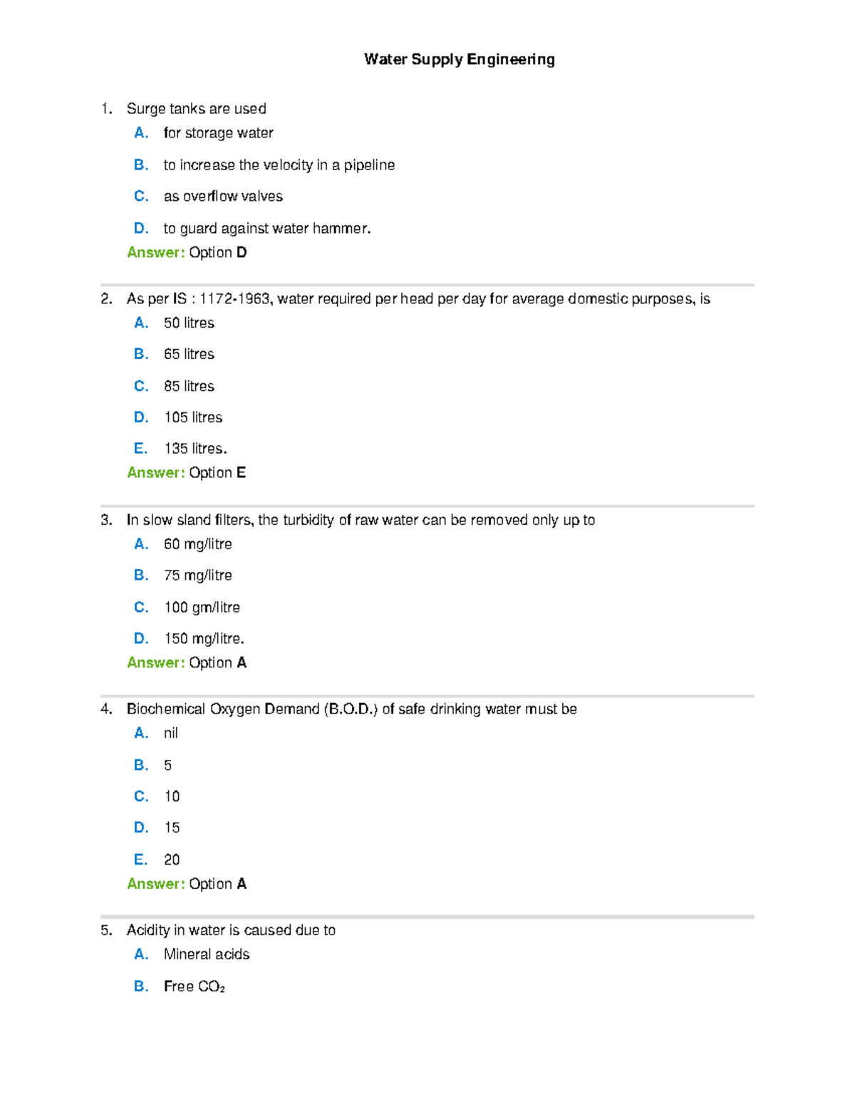 1 Water supply engineering Important 2 mark questions Water Supply