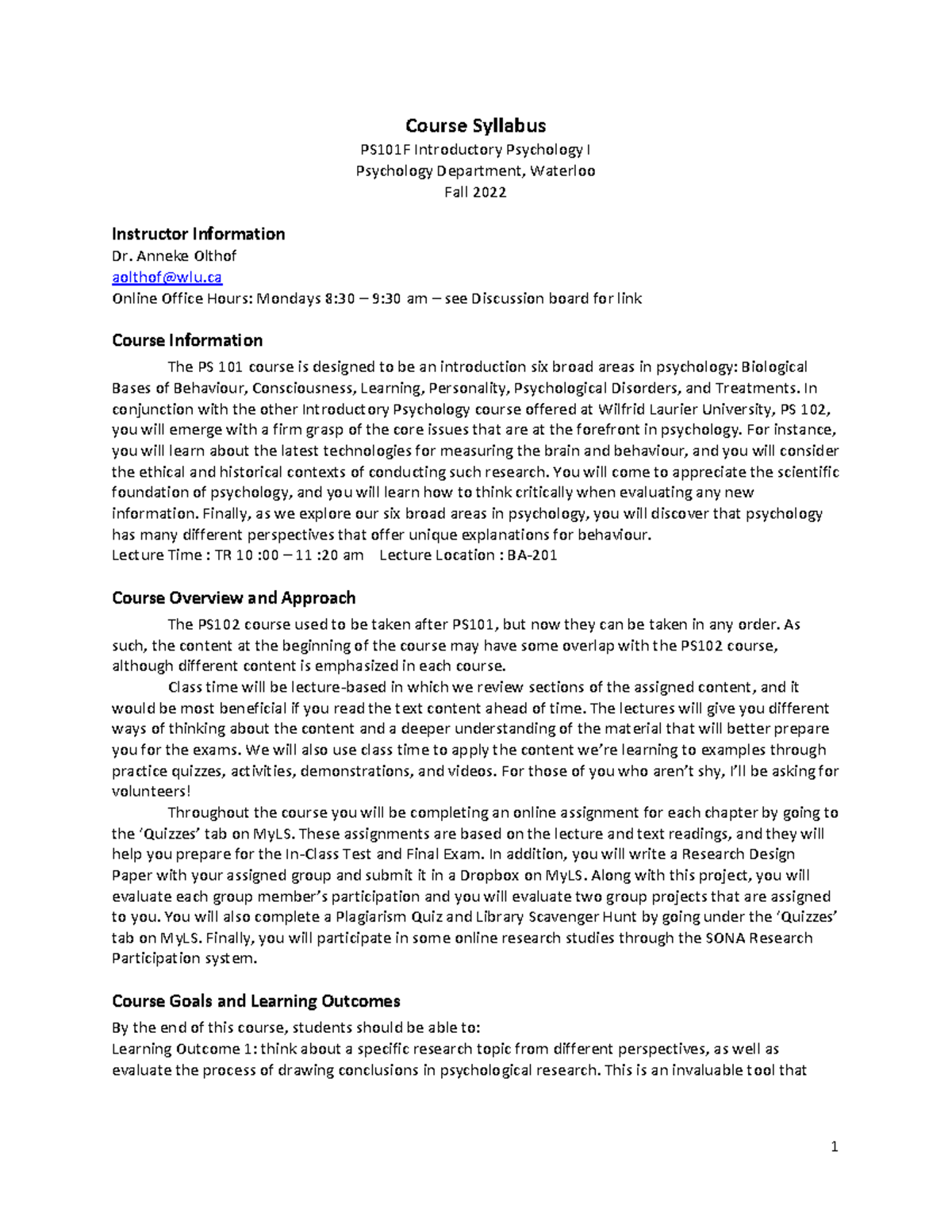 PS101 F Course Outline Fall 2022 - Course Syllabus PS101F Introductory ...