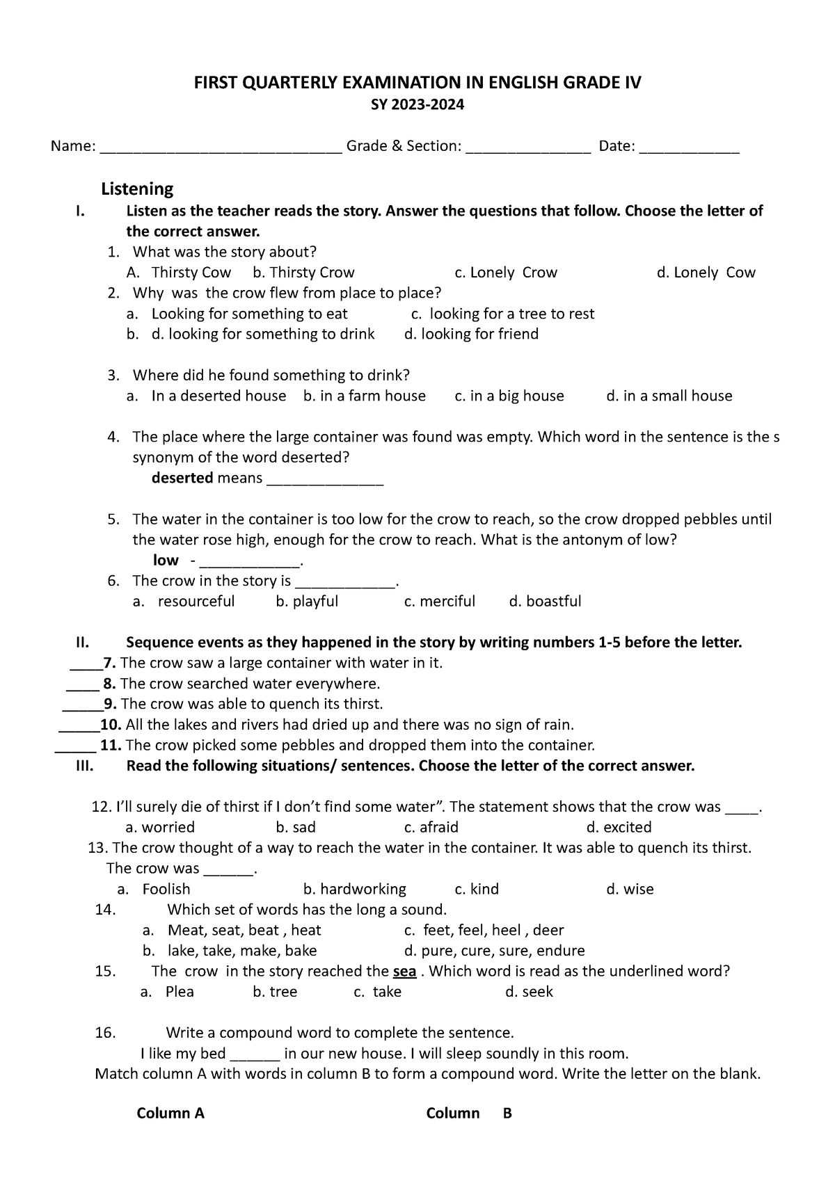 PT English 4 Q1 - none - FIRST QUARTERLY EXAMINATION IN ENGLISH GRADE ...