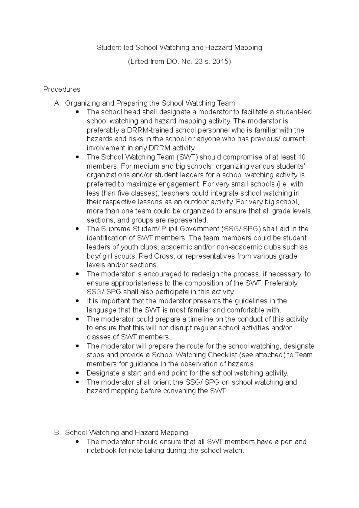 School Hazard Mapping for School Improvement Plan - Student-led School ...