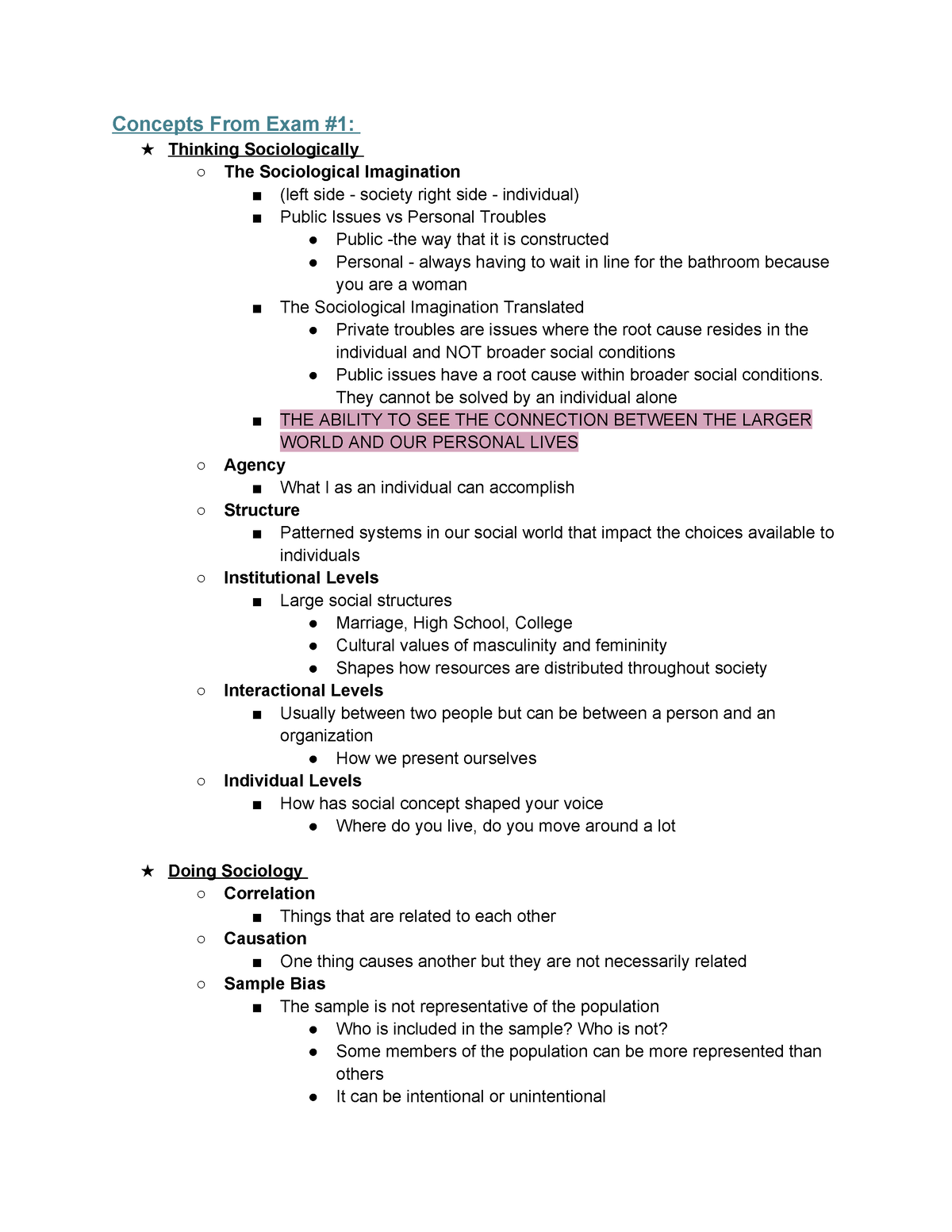 Sociology Final Exam Review Sheet - Concepts From Exam #1: ★ Thinking ...