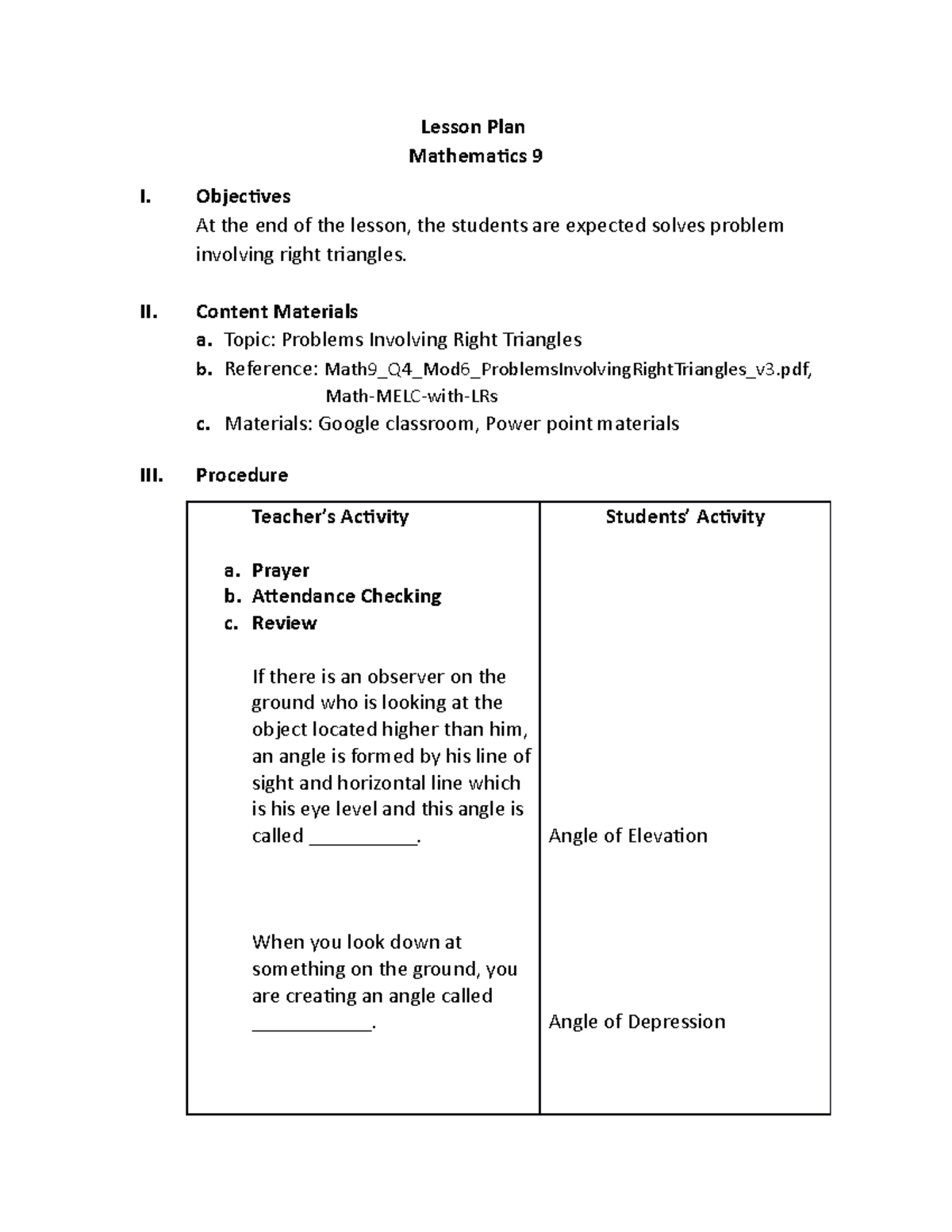 G9 Problems Involving Right Triangle LP by Ms teams - Lesson Plan ...