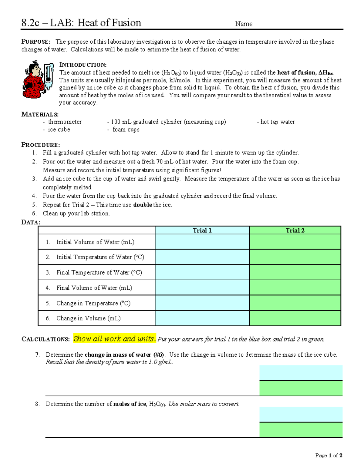 8.2c LAB Heat of Fusion of Ice - Page 1 of 2 8 – LAB: Heat of Fusion ...