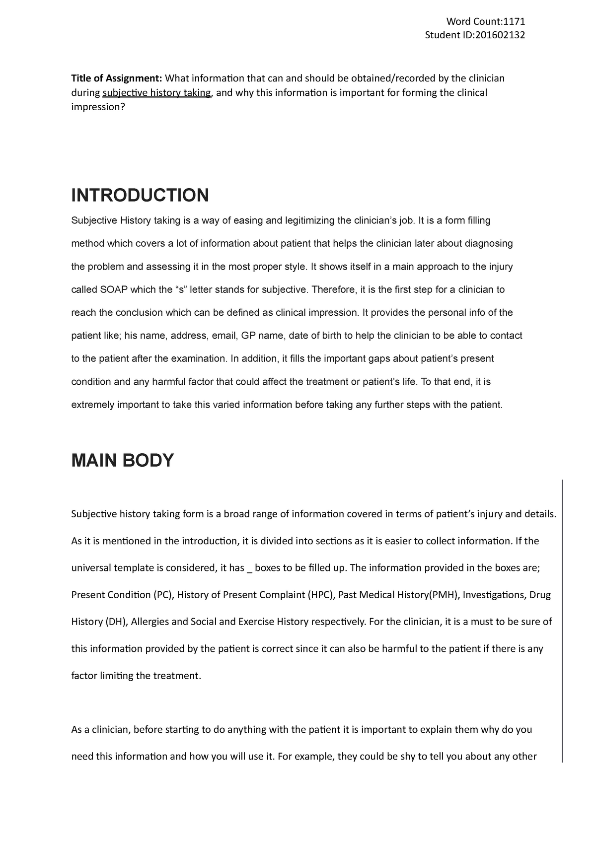 history taking assignment pdf