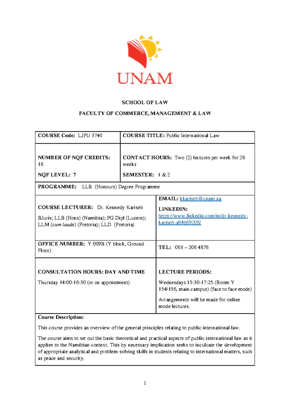 2024 PIL Course Outline - SCHOOL OF LAW FACULTY OF COMMERCE, MANAGEMENT ...