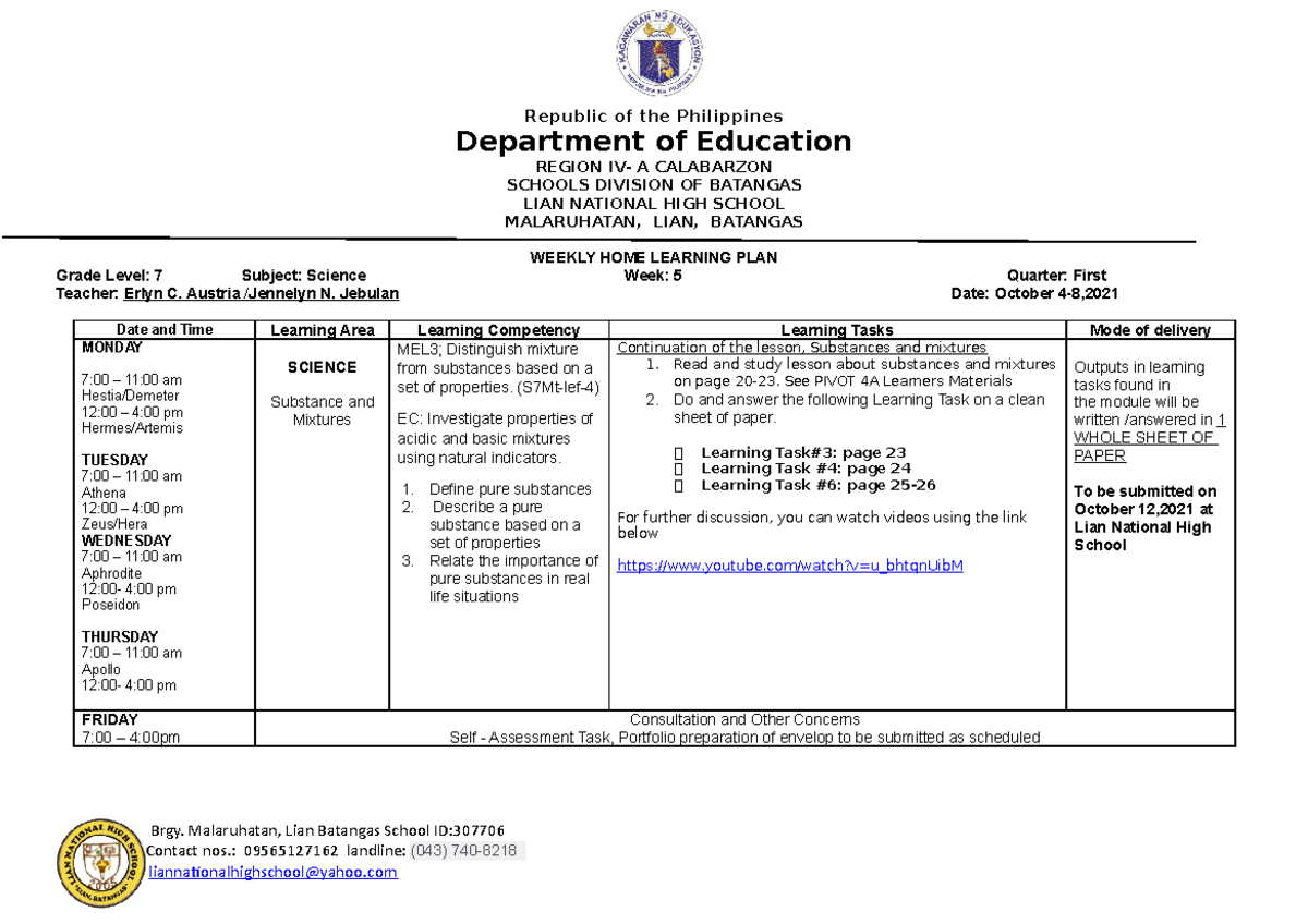 Science 7 WHLP WEEK 5 - Republic of the Philippines Department of ...