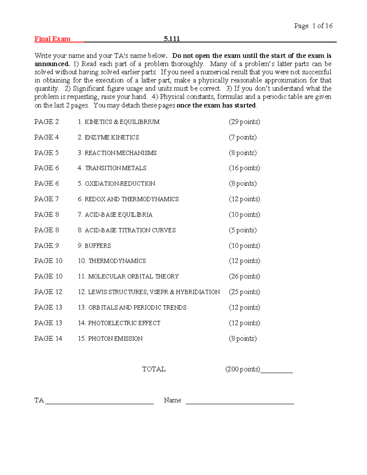 Exam 4 mit - How to practice Chemical Equilibria - Final Exam 5. Write ...