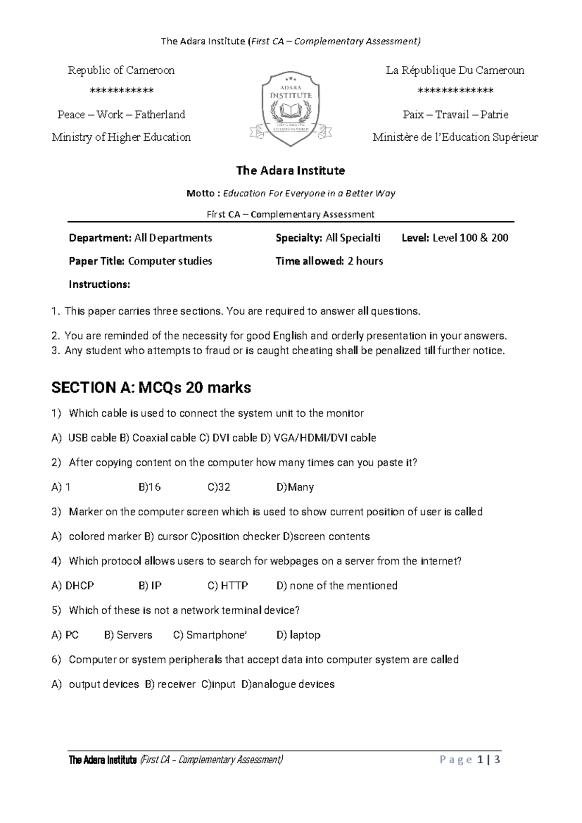 Computer studies - Examination paper - The Adara Institute (First CA ...
