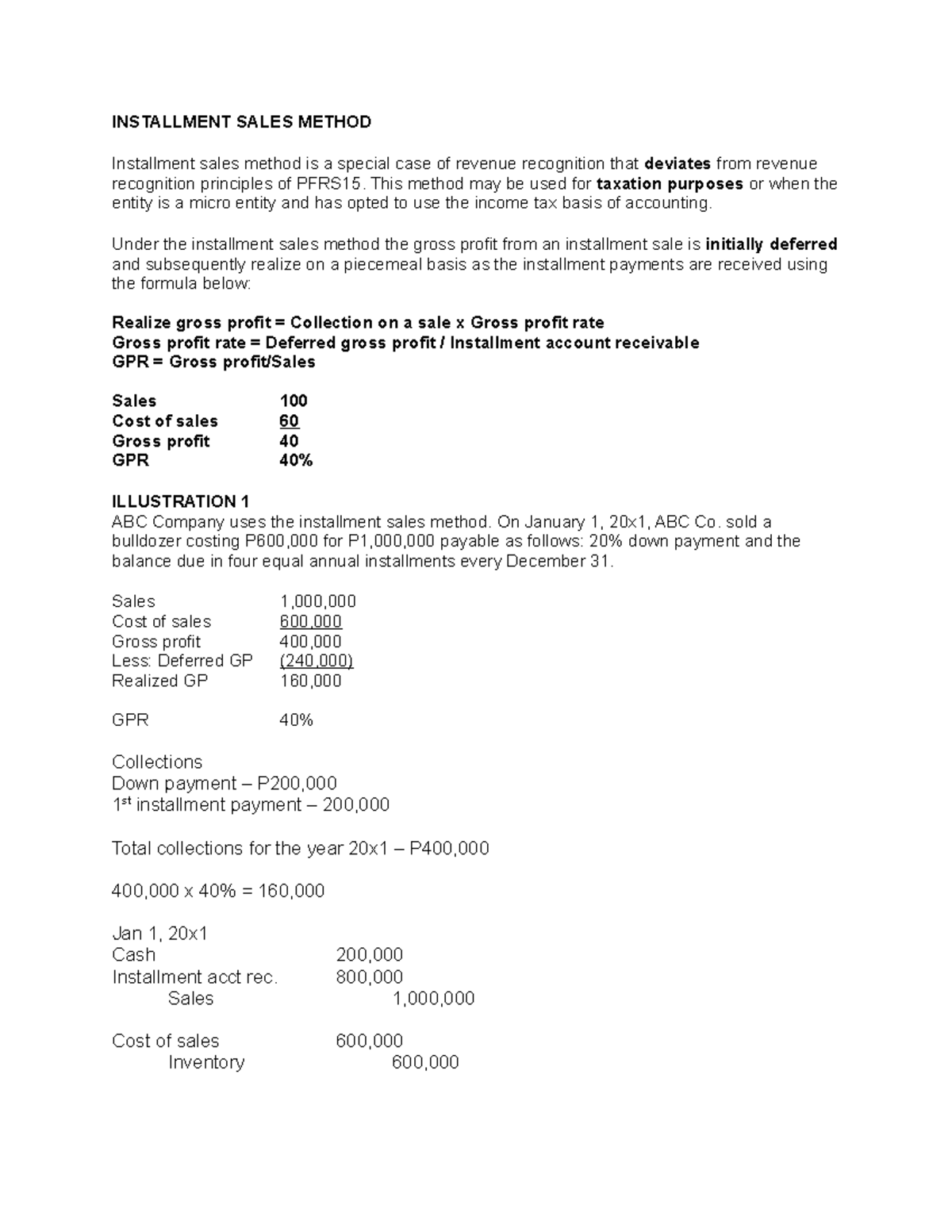Installment Sales Method Accountancy Central Studocu
