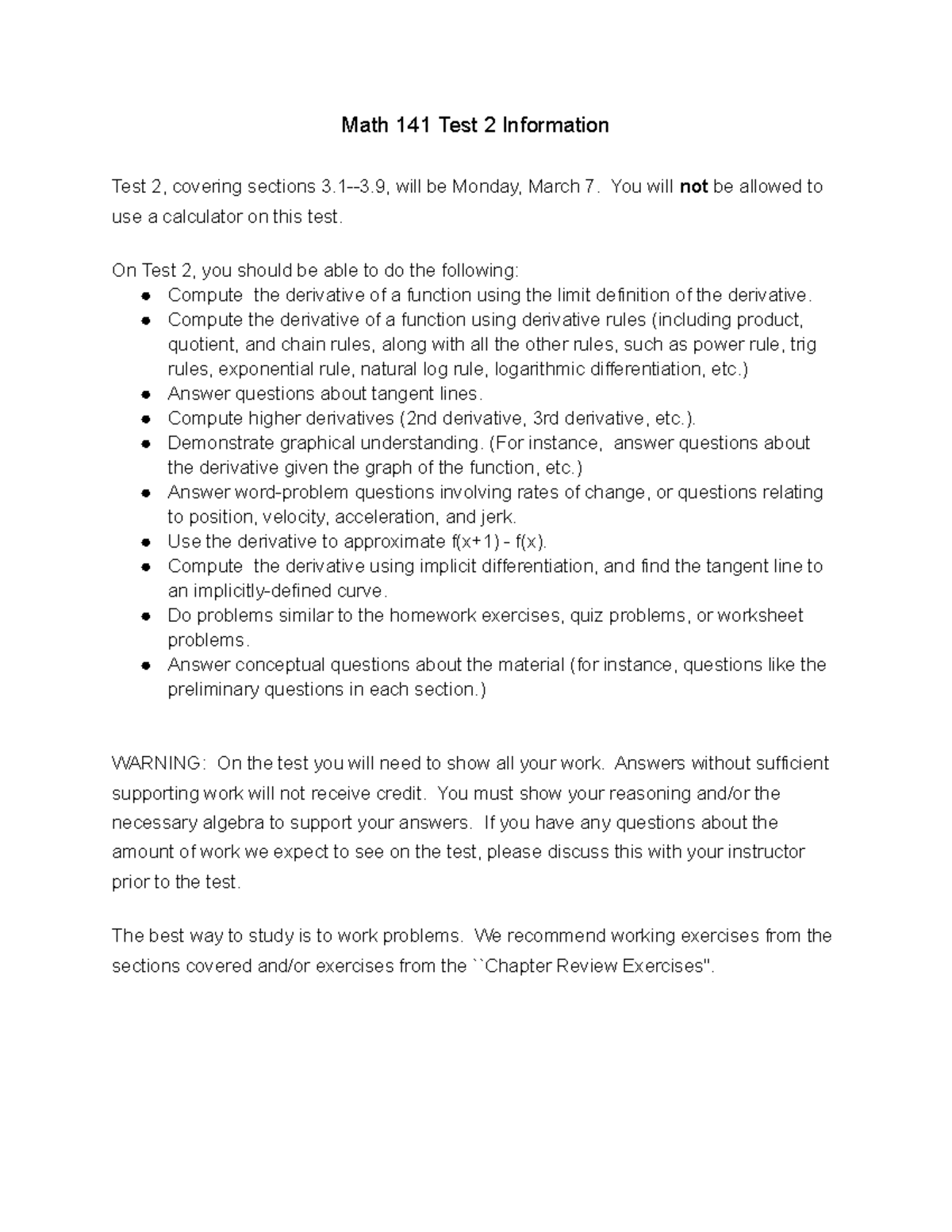 Math 141 Test 2 Information Math 141 Test 2 Information Test 2 Covering Sections 3 1 3 Will Math 141 Test 2 Information Math 141 Test 2 Information Test 2 Covering Sections 3 1 3 Will