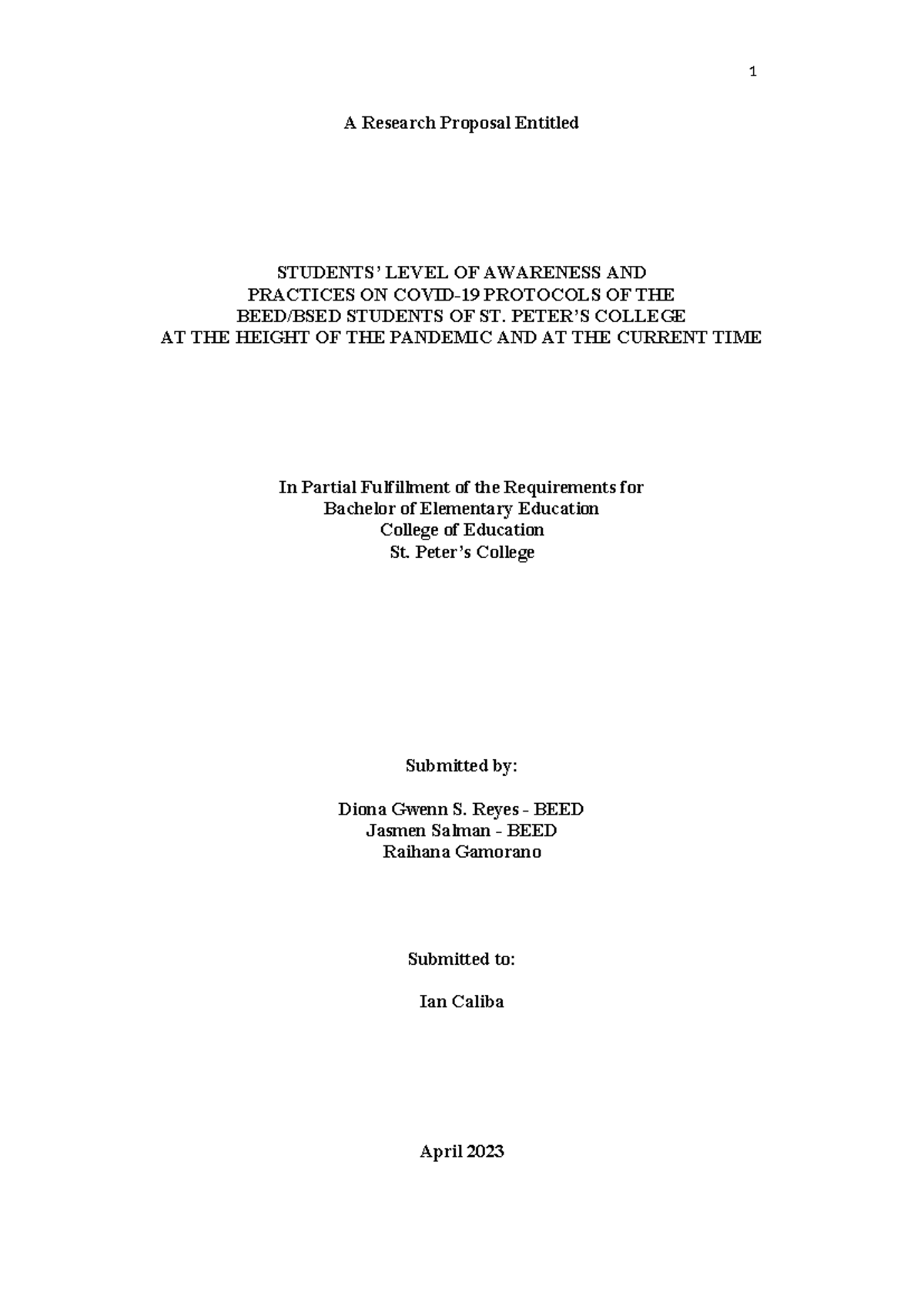 Research-1234-d - Dion - A Research Proposal Entitled STUDENTS’ LEVEL ...