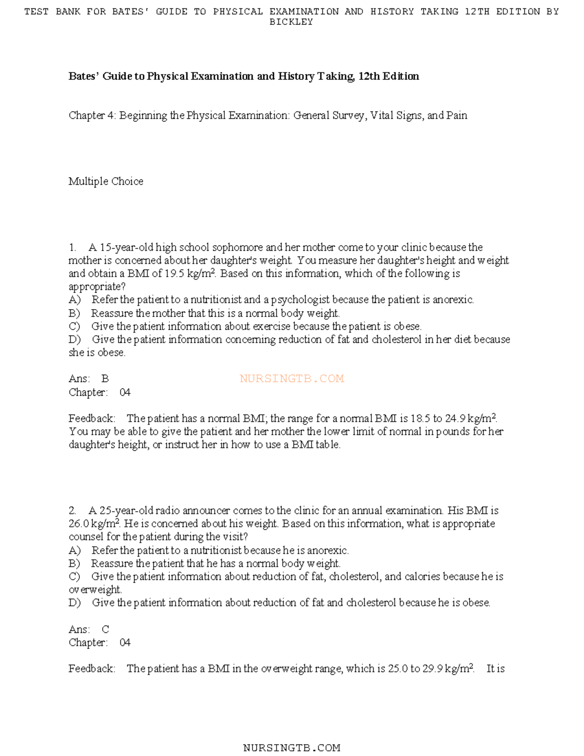 Bates 12th Edition Chapter 4 Practice Questions N U R S I N G T B. C