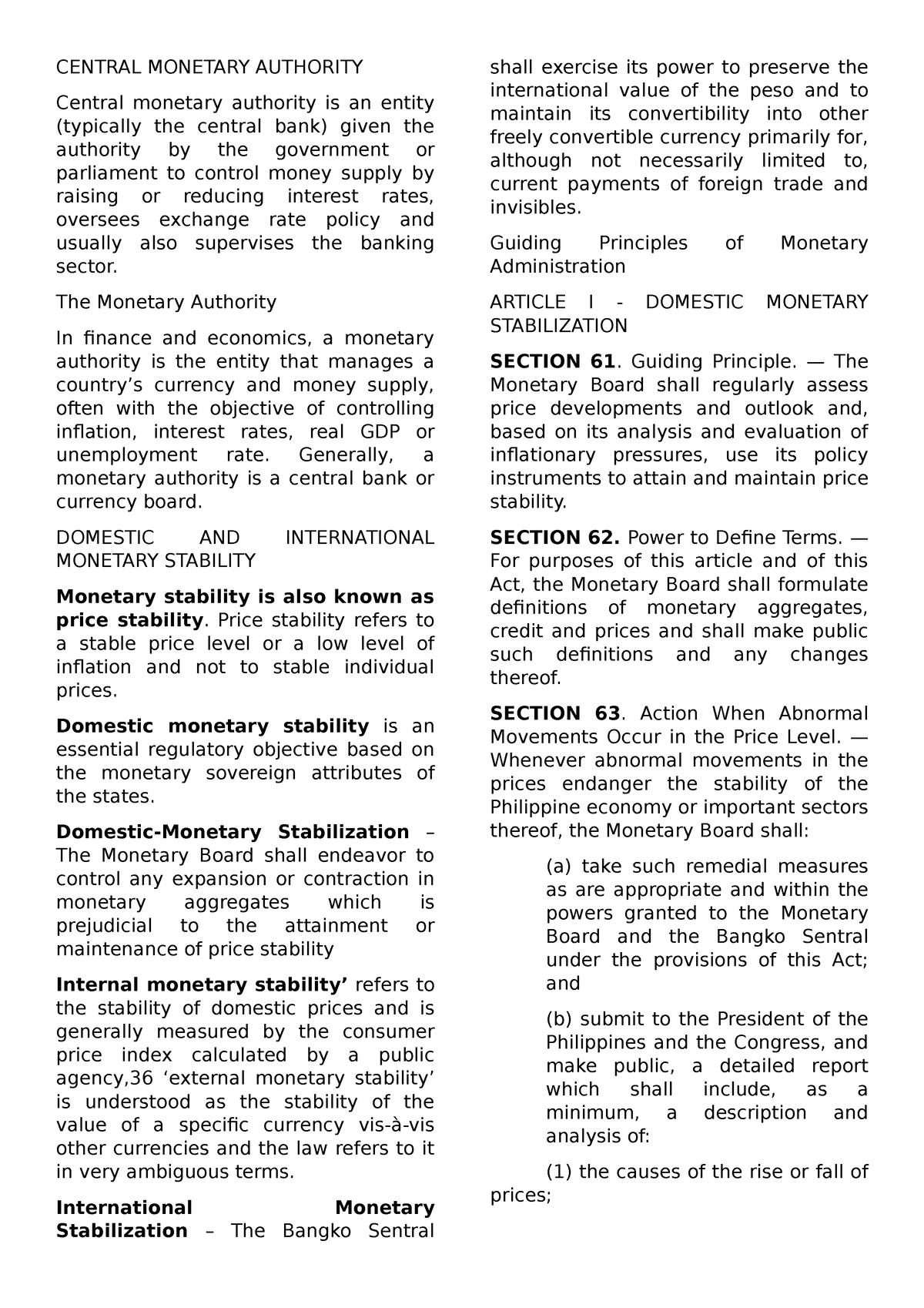 FM 3 Prelim 3 Reviewer - CENTRAL MONETARY AUTHORITY Central monetary ...