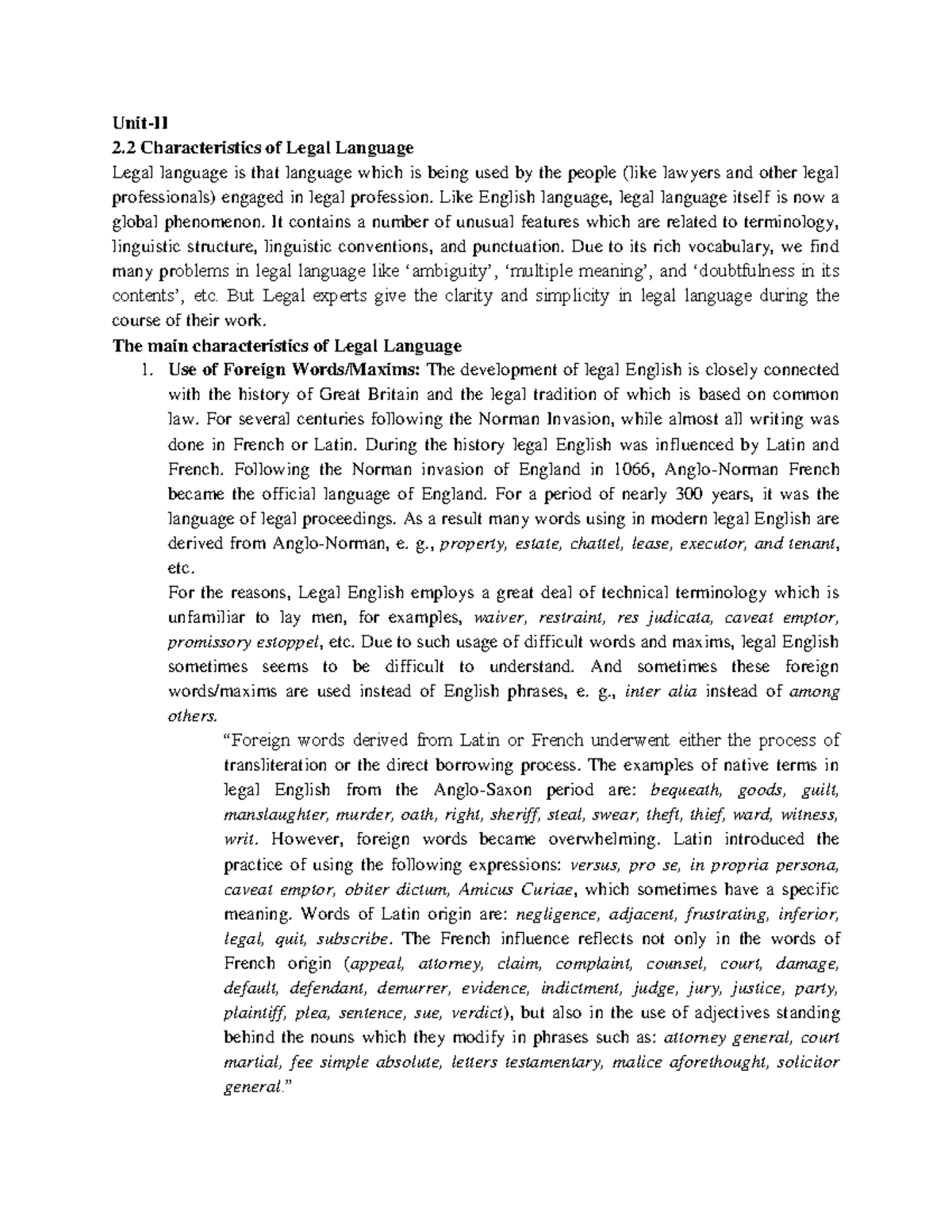 Characteristic of legal language - Unit-II 2 Characteristics of Legal ...