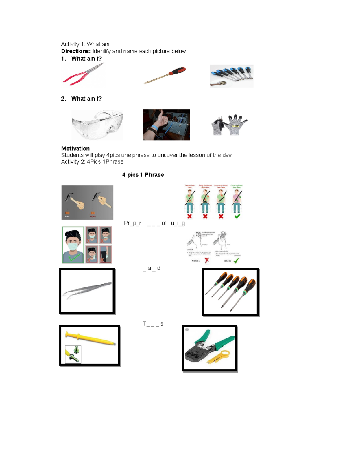 Activities - help teachers - Activity 1: What am I Directions: Identify ...