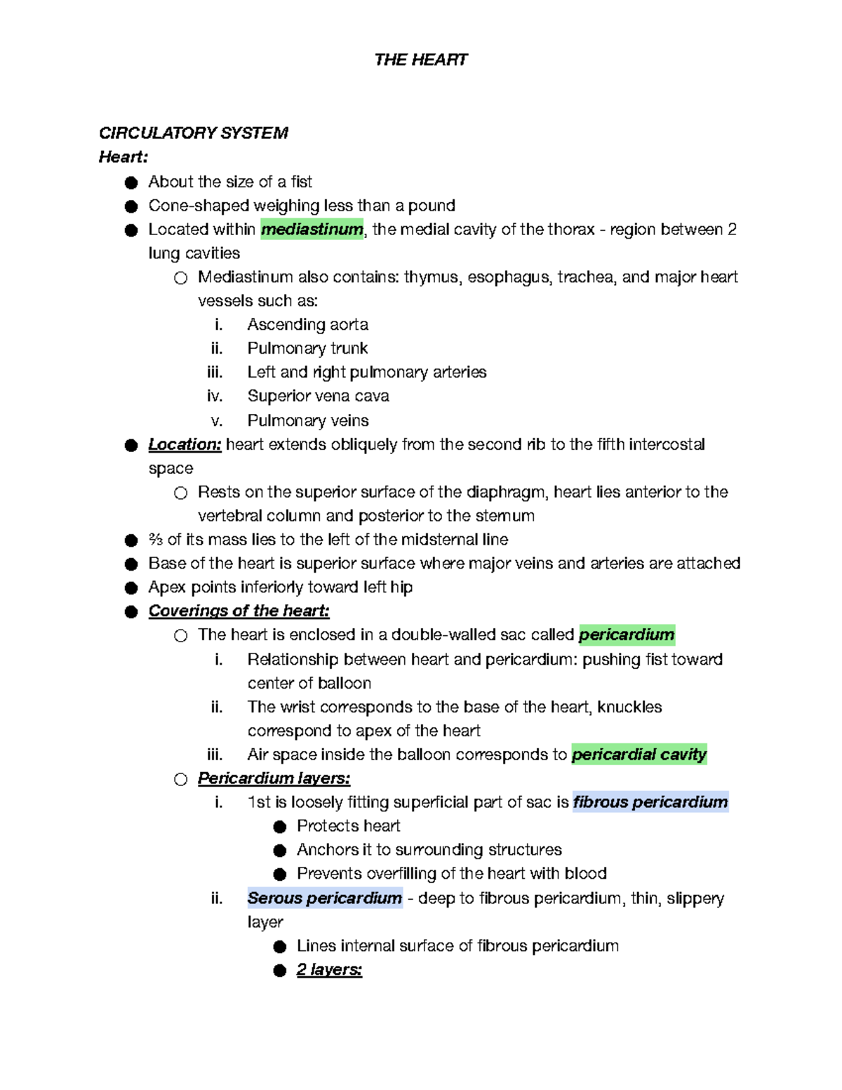 The Heart - Anatomy Lecture Notes - THE HEART CIRCULATORY SYSTEM Heart ...