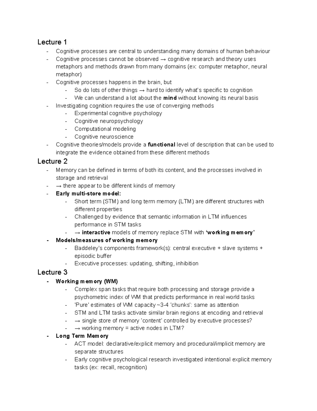 Memory Lecture - Review - Lecture 1 Cognitive processes are central to ...