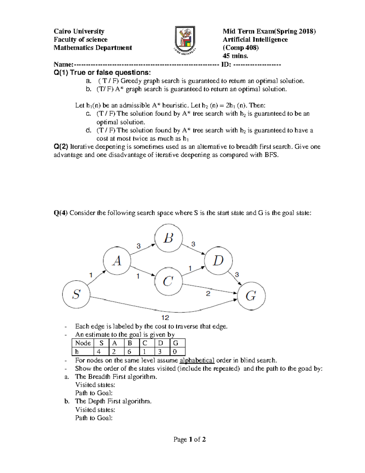 Mid Term Exam(Spring 2018 ) - Page 1 of 2 Cairo University Mid Term ...