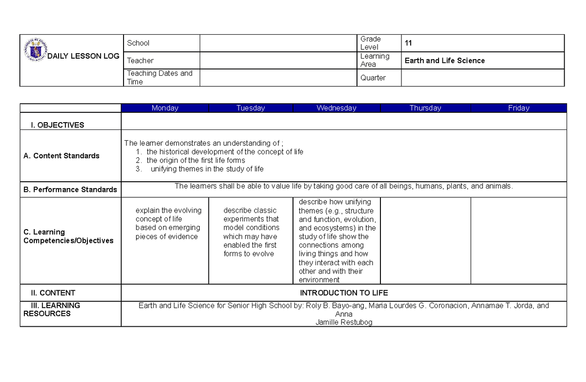 Grade 11 2nd quarter earth and life science DAILY LESSON LOG School