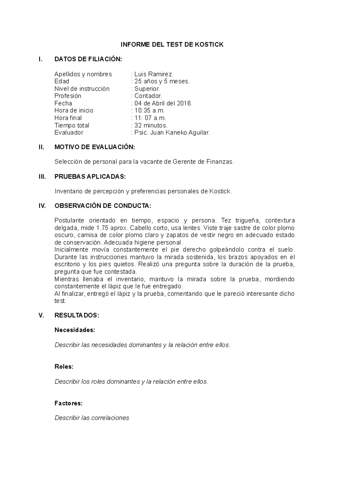 8. Informe DEL TEST DE Kostick - INFORME DEL TEST DE KOSTICK I. DATOS ...