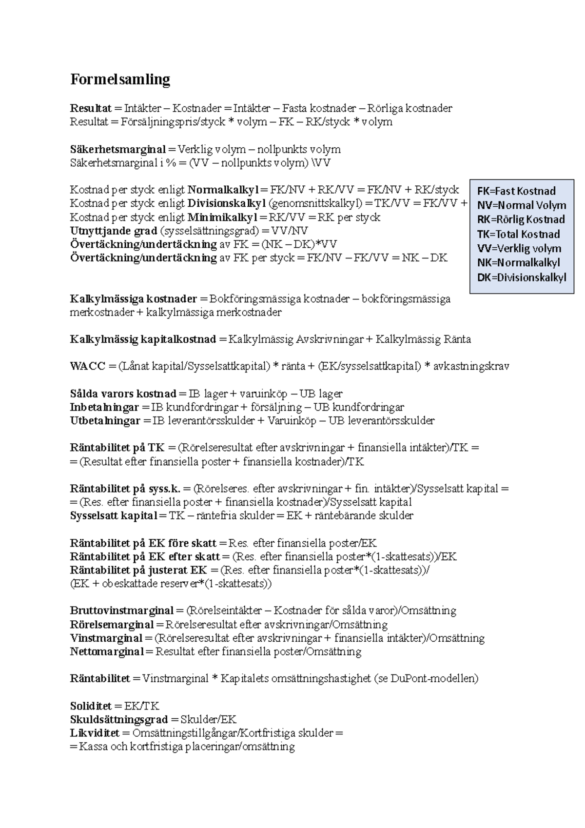 Ekonomi Och Verksamhetsstyrning Formelsamling - Formelsamling Resultat ...