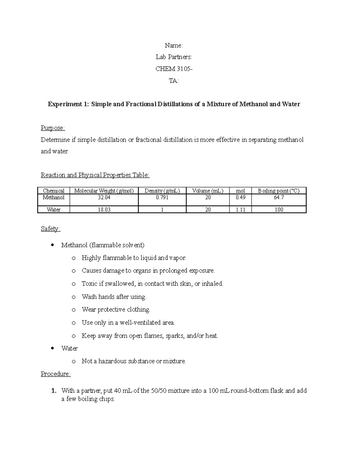 Exp. 1 Lab Report Simple and Fractional Distillations of a Mixture of
