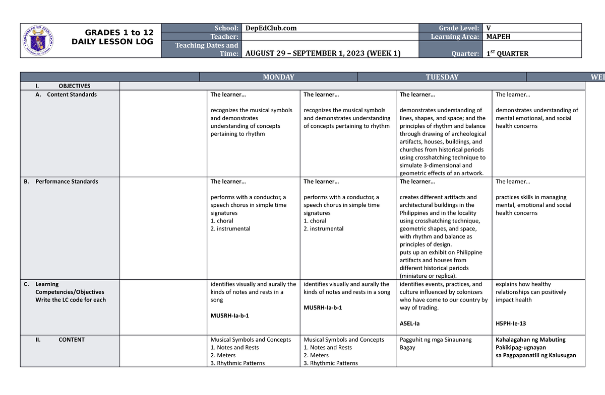 Dll Mapeh 5 Q1 W1 Daily Lesson Log Grades 1 To 12 Daily Lesson Log School Depedclub Grade 6625