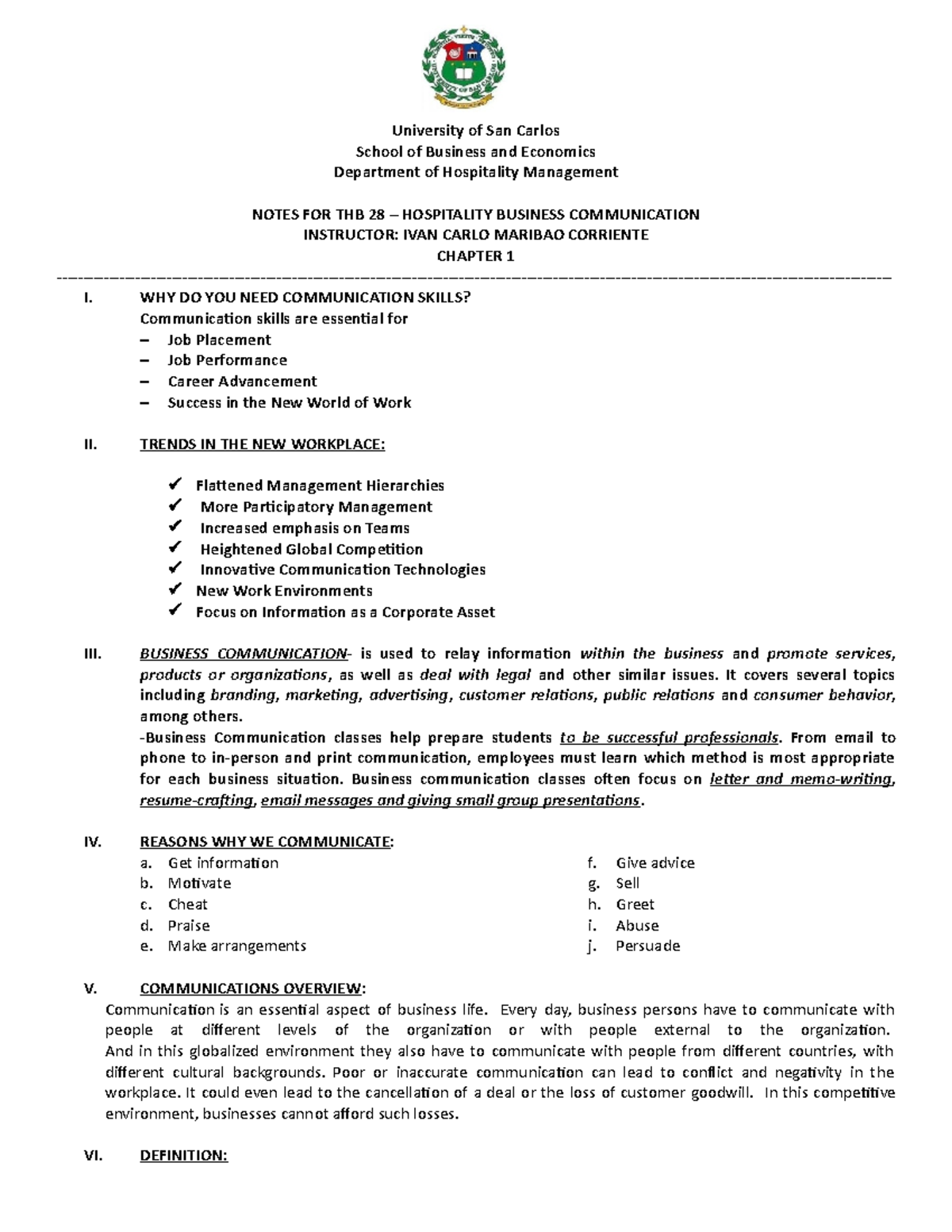 Chapter 1 Business Communication Overvie - University of San Carlos ...