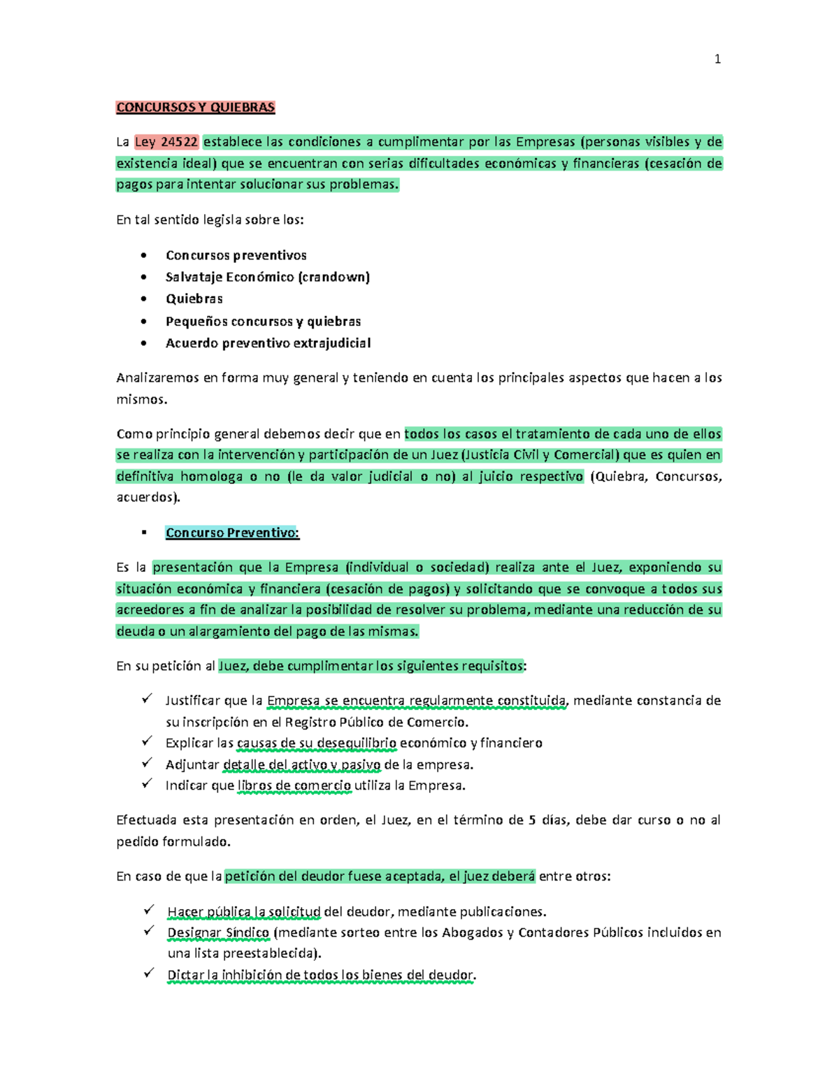 Concurso Y Quiebra Resumen - 1 CONCURSOS Y QUIEBRAS La Ley 24522 ...