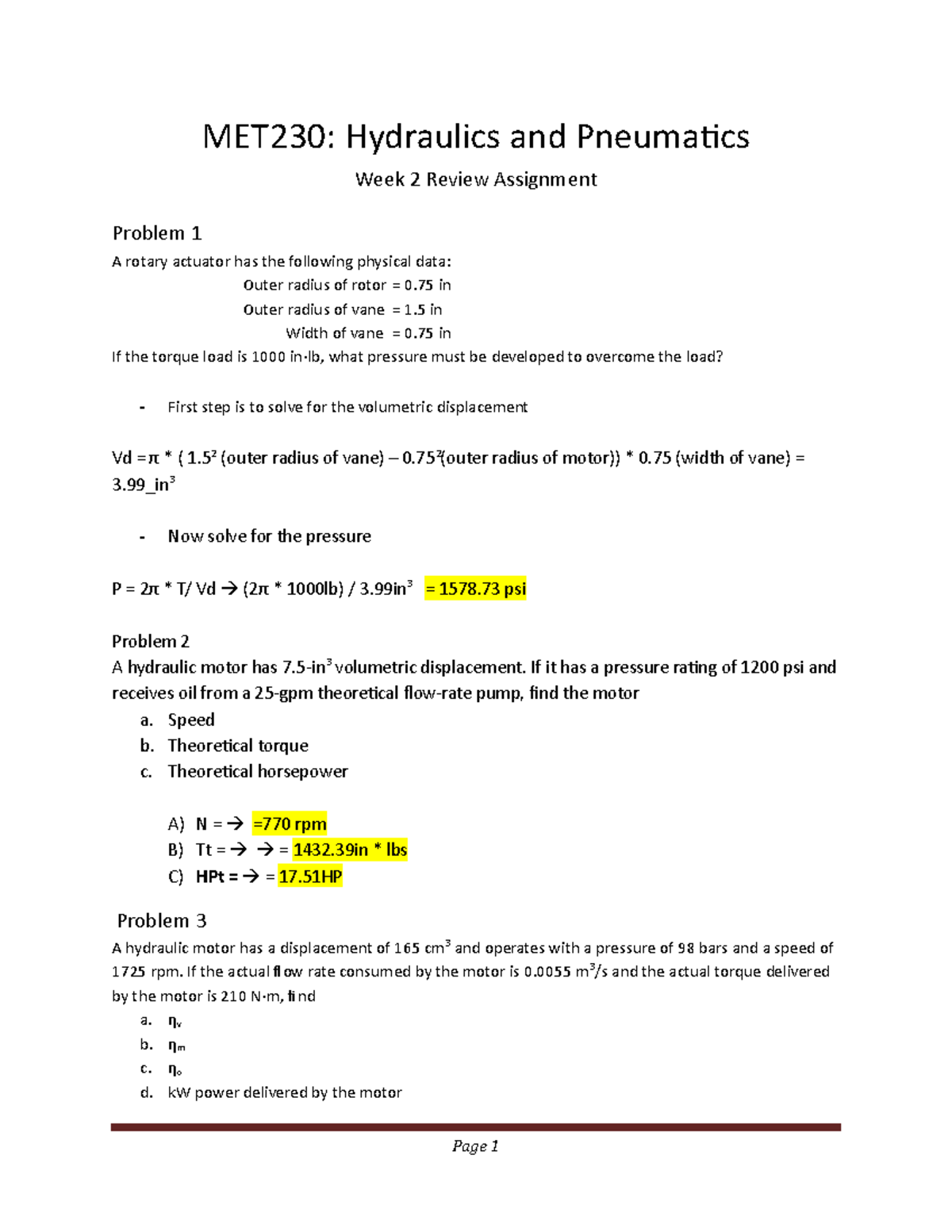 MET230 U2 Review Assignment - MET230: Hydraulics And Pneumatics Week 2 ...