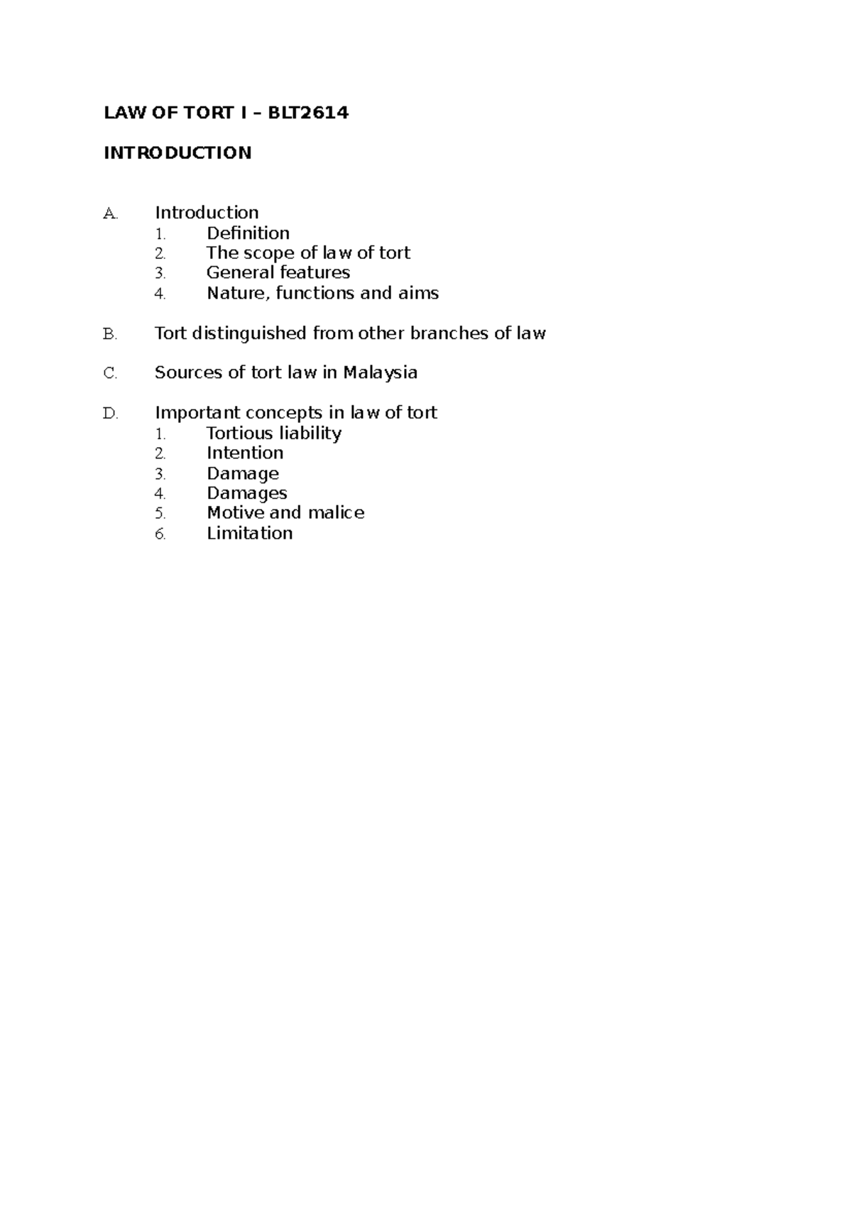 Chapter 1 Tort Introduction Law Of Tort I Blt Introduction A Introduction 1 Definition 2 Chapter 1 Tort Introduction Law Of Tort I Blt Introduction A Introduction 1 Definition 2