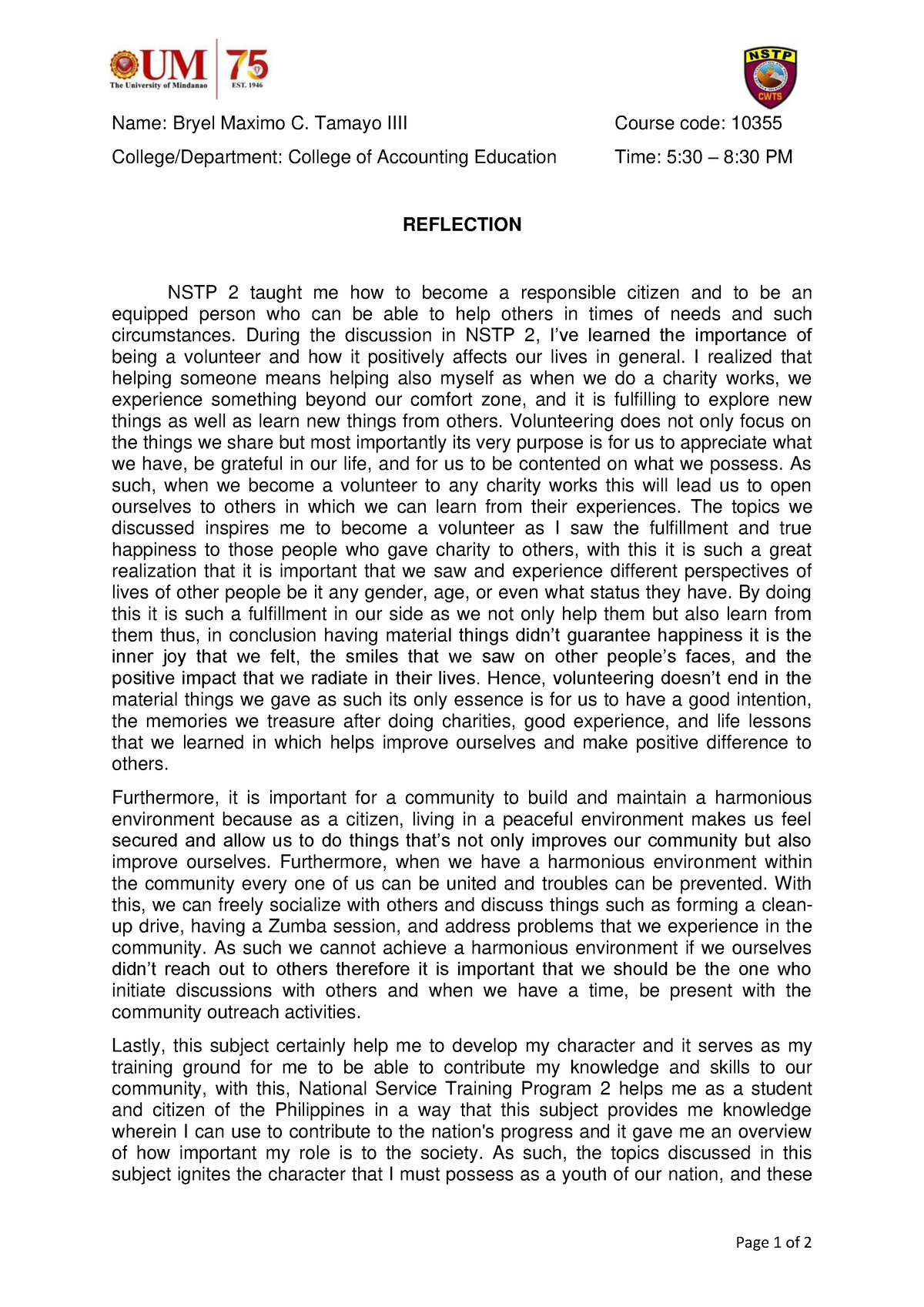 essay college nstp reflection paper