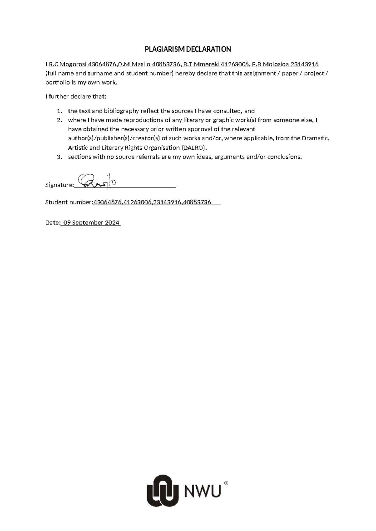 UTEW DF - Assignment - PLAGIARISM DECLARATION I R Mogorosi 43064876,O ...